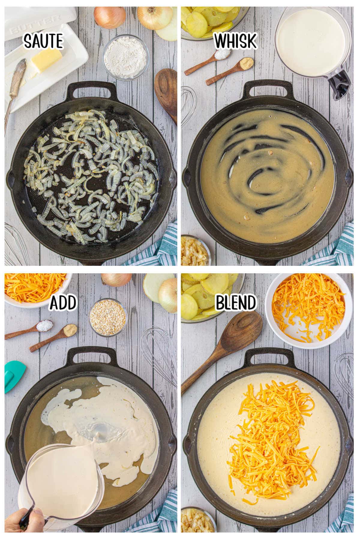 Steps showing how to make cheese sauce for top of the stove au gratin potatoes.