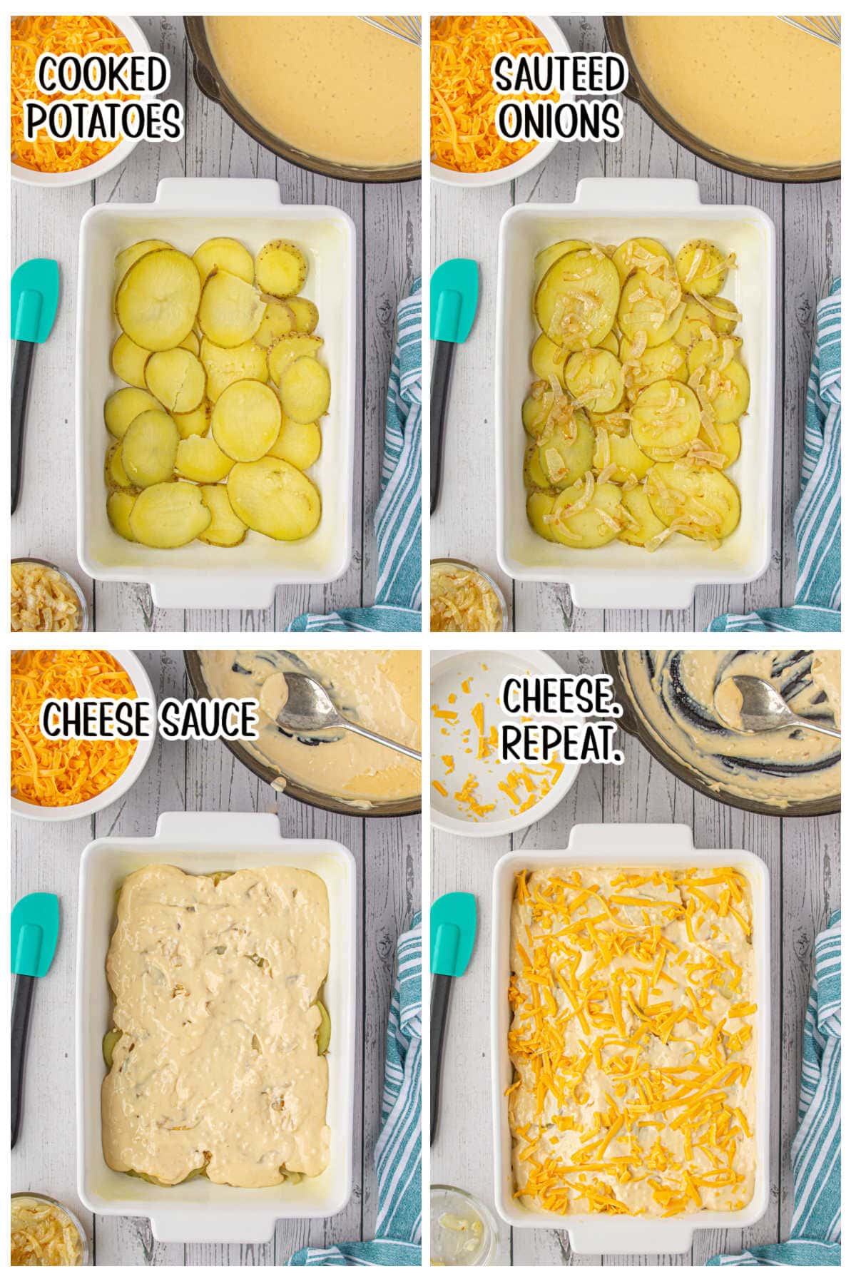 Steps for layering the potatoes and cheese.