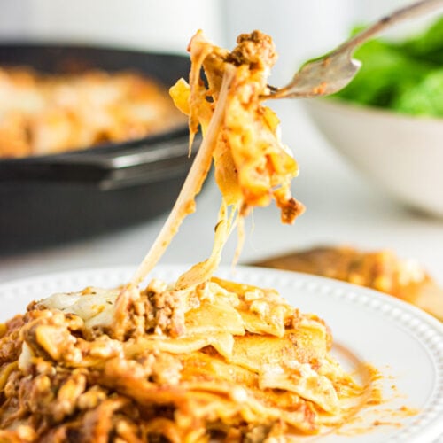 Closeup of the cheesy skillet lasagna.