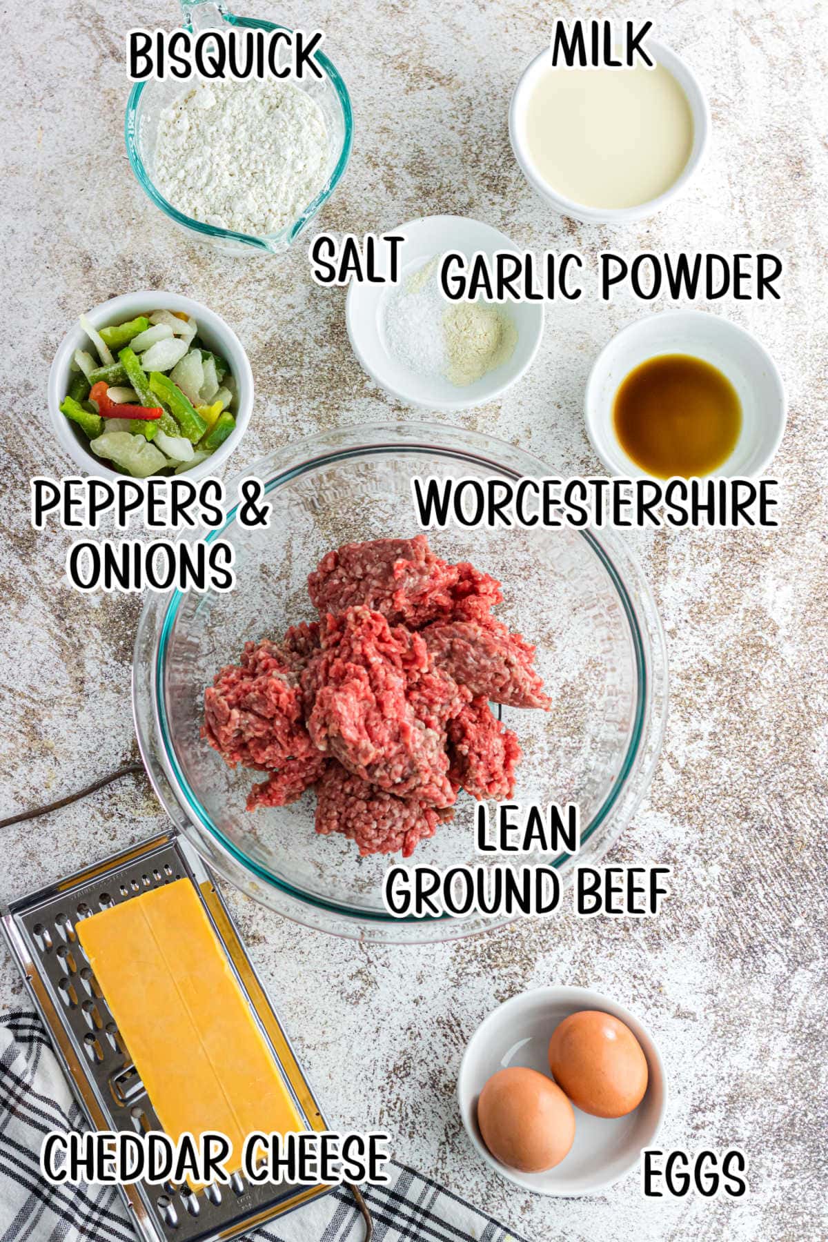 Labeled ingredients for Bisquick cheeseburger pie.