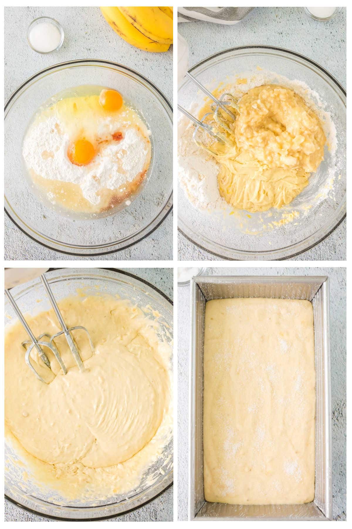 Collage showing the steps for making this banana bread recipe.