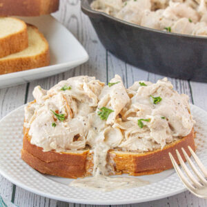 Closeup of the creamed turkey spooned over bread.