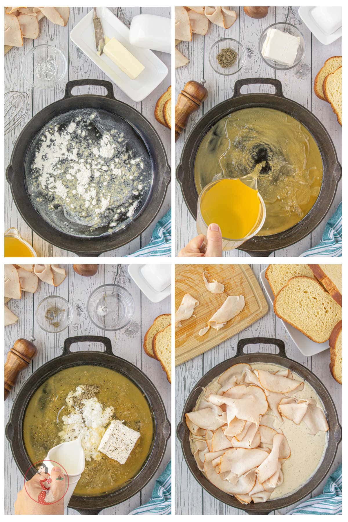 Step by step images showing how to make a creamed turkey sandwich.