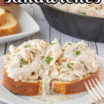 Hot turkey sandwich on a white plate with text overlay for Pinterest