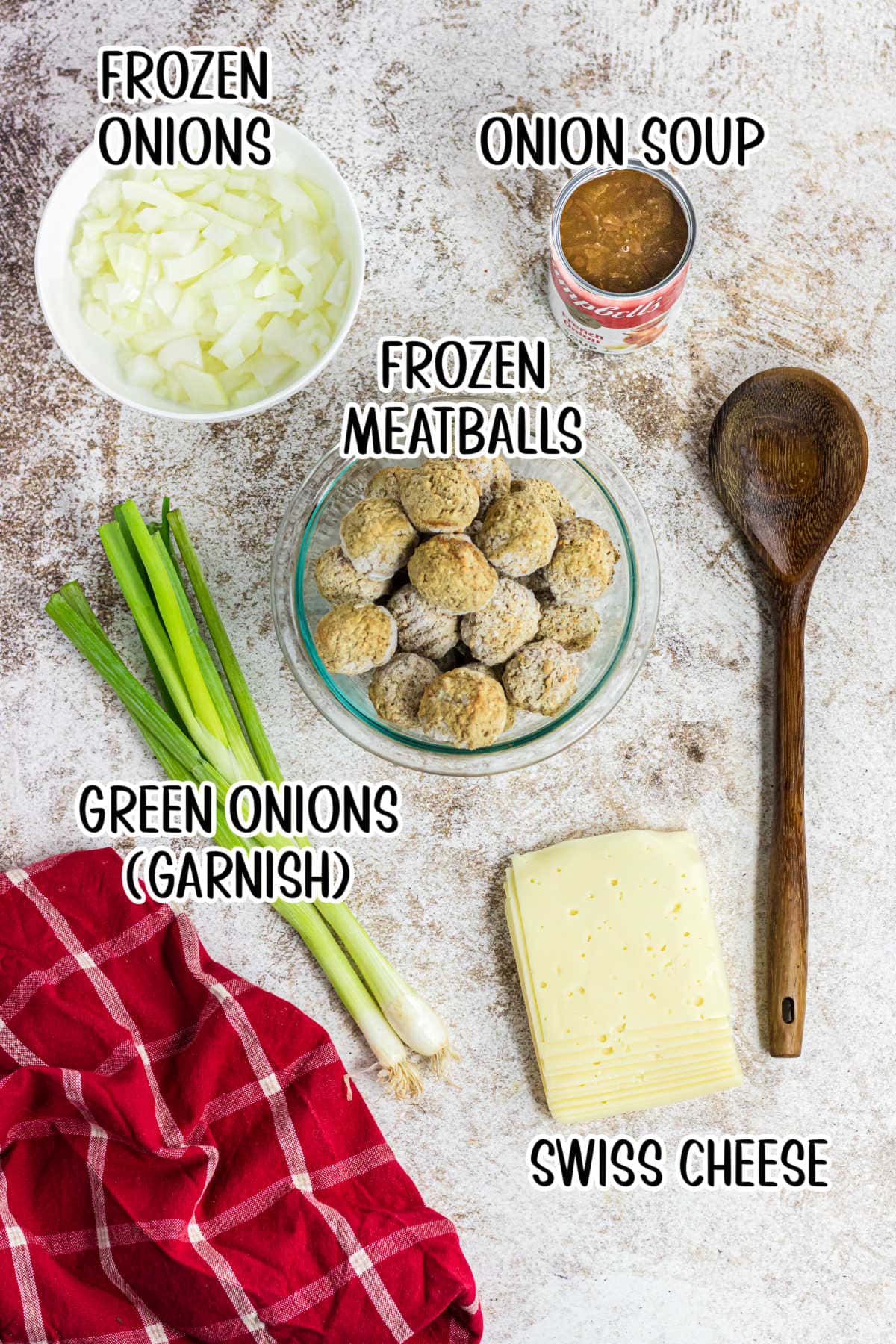 Labeled ingredients for French Onion Meatballs.