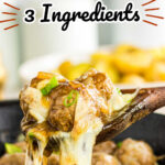 Closeup of a cheesy French onion meatball being removed from the skillet with text overlay for Pinterest.