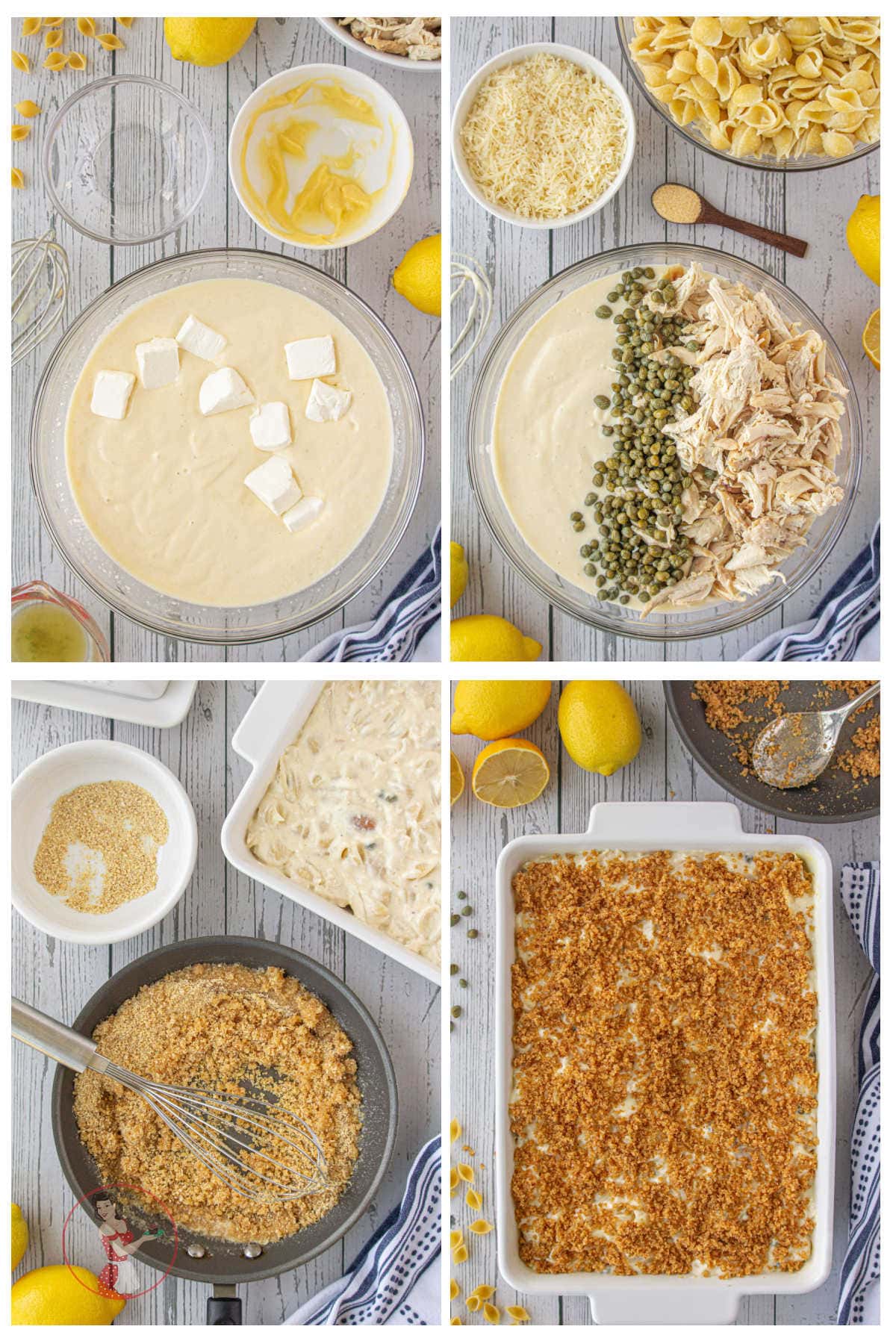 Step by step images showing how to make chicken piccata casserole.