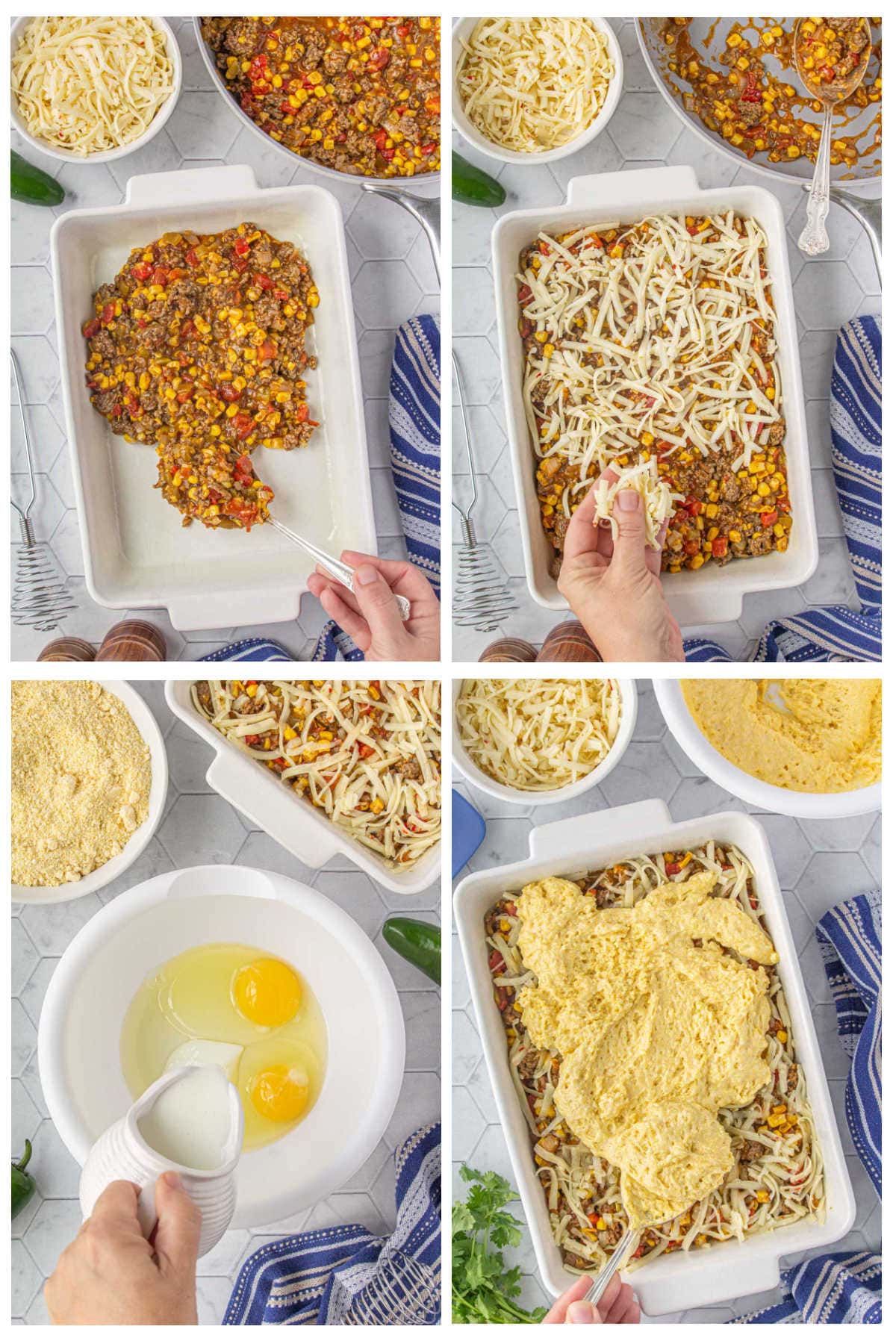Step by step images showing how to make Mexican Cornbread Casserole