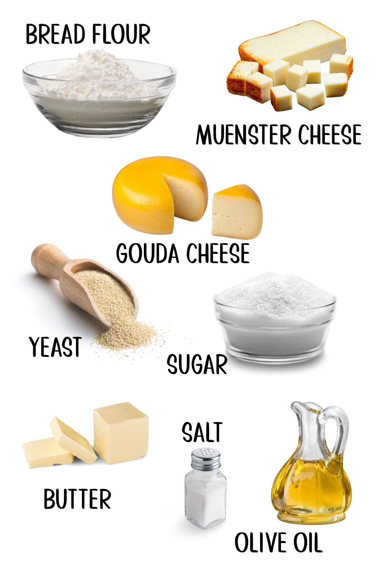 Labeled ingredients for khachapuri bread,. These are also written in the recipe card.