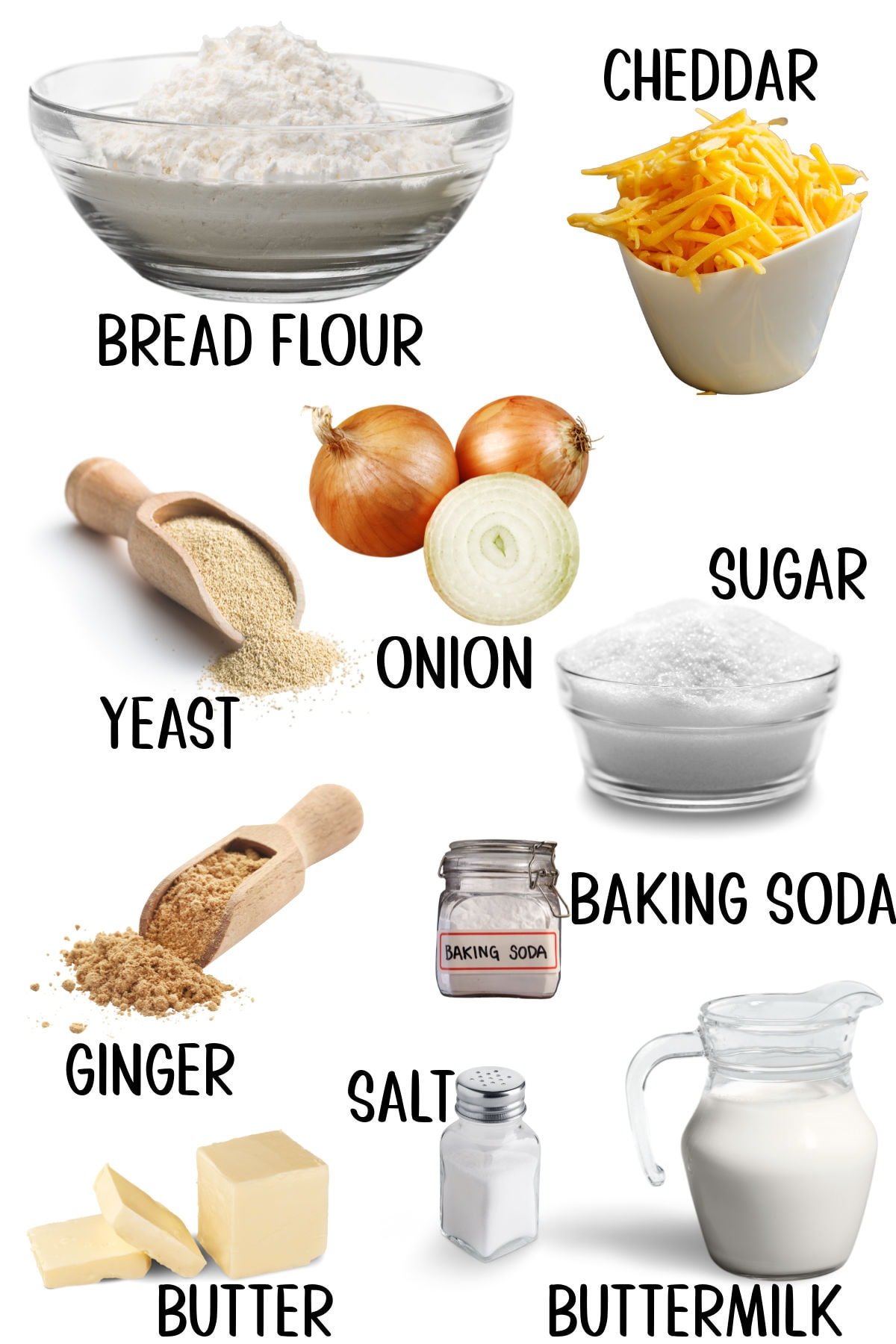 Labeled ingredients for caramelized onion bread.