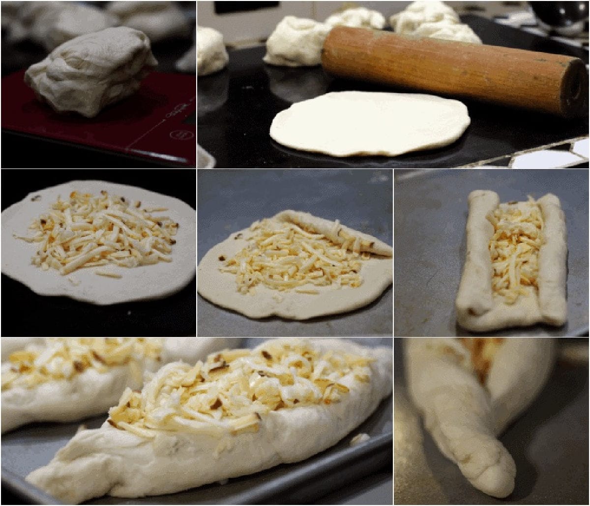Collage of images showing how to make Khachapuri step by step.