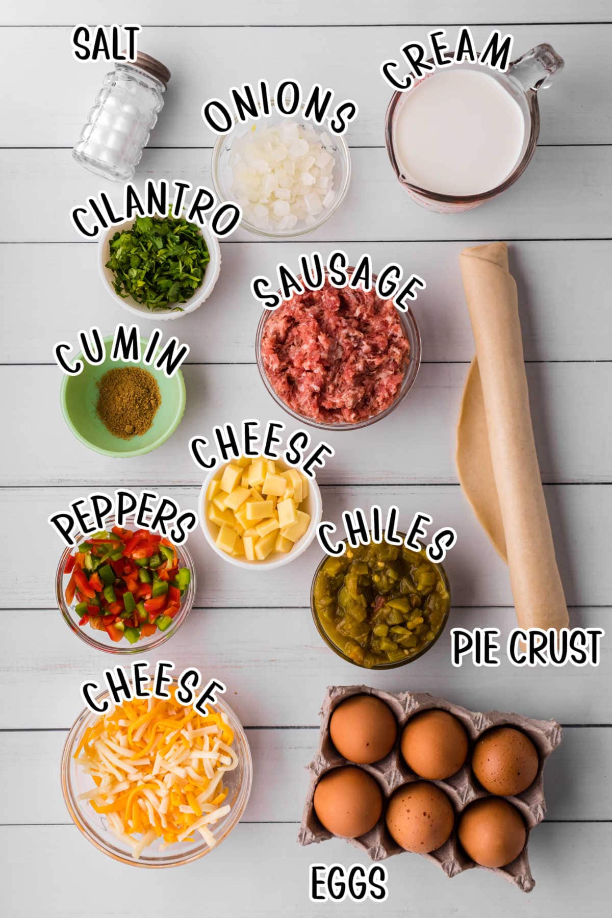 Labeled ingredients for this quiche recipe.