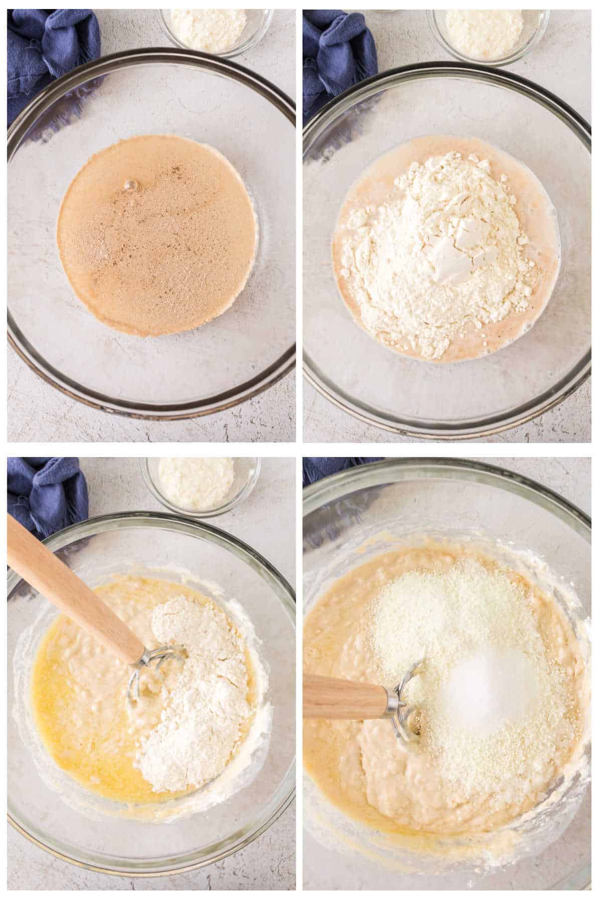 Step by step images showing how to mix the dough for homemade Pullman loaf bread.