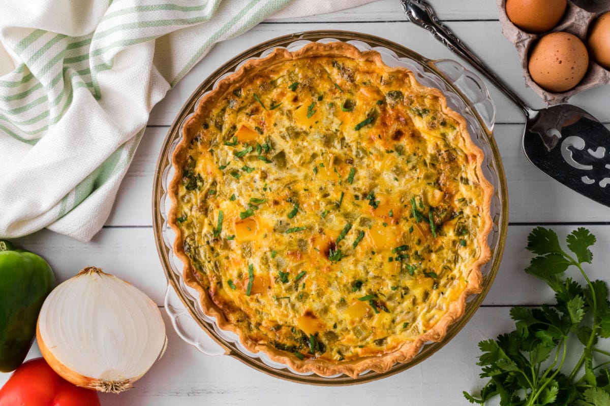 Overhead view of the finished sausage and cheese quiche.