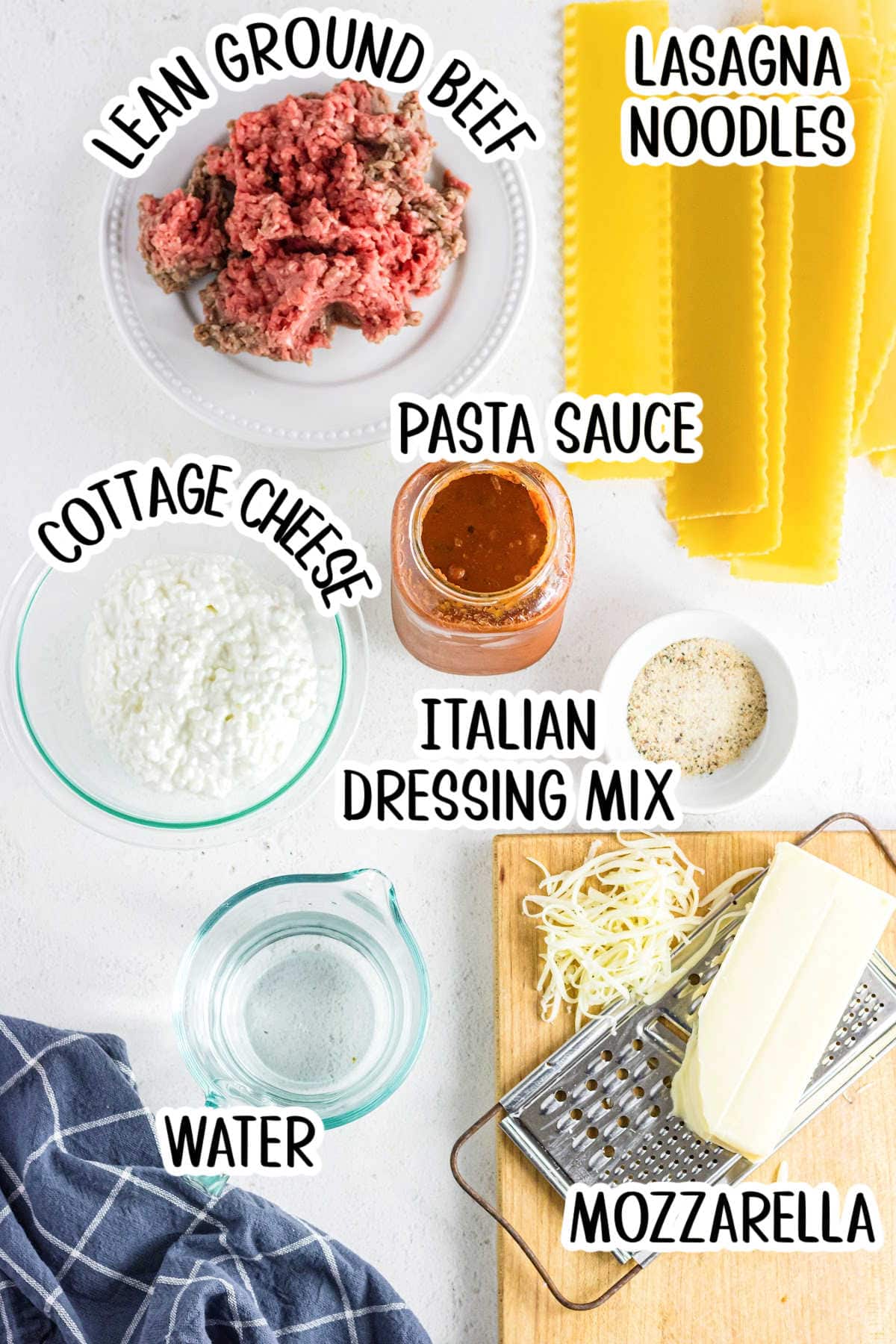 Labeled ingredients for skillet lasagna.