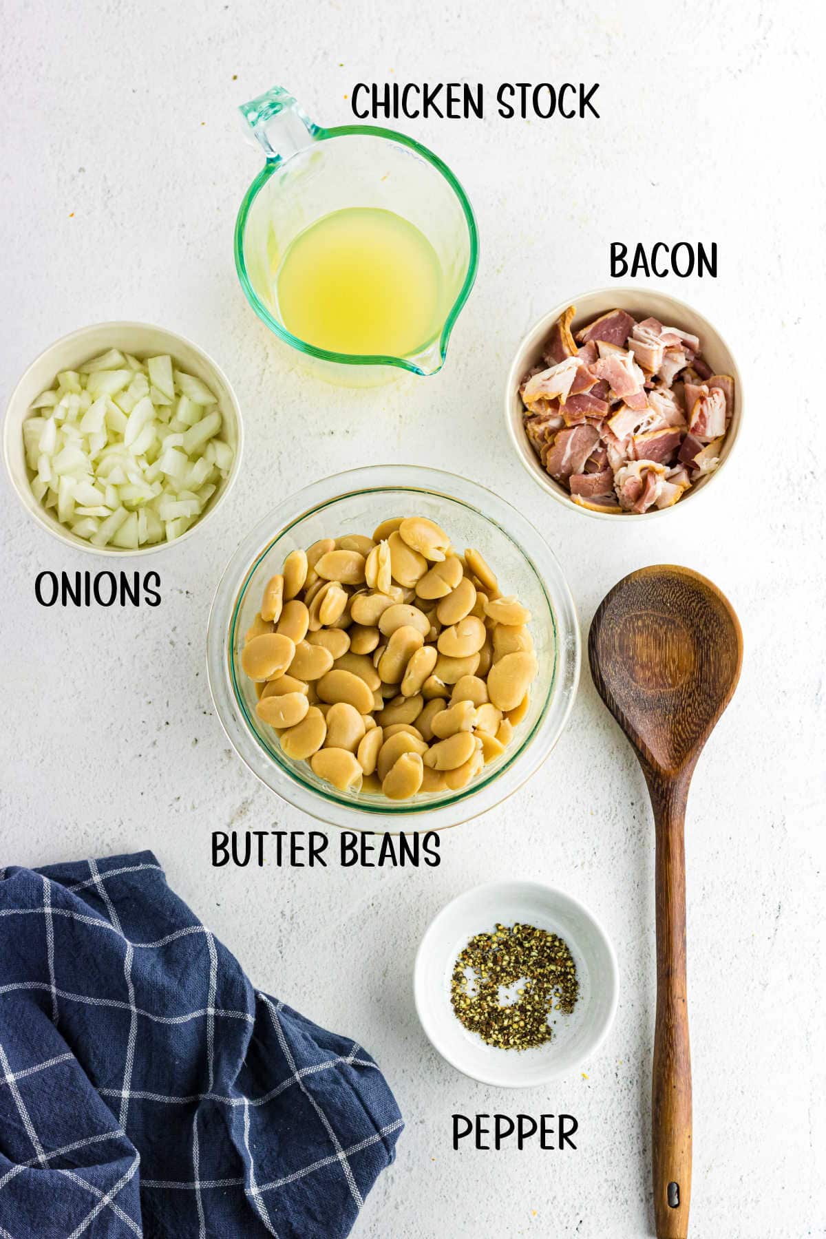 Labeled ingredients for southern butter beans recipe.