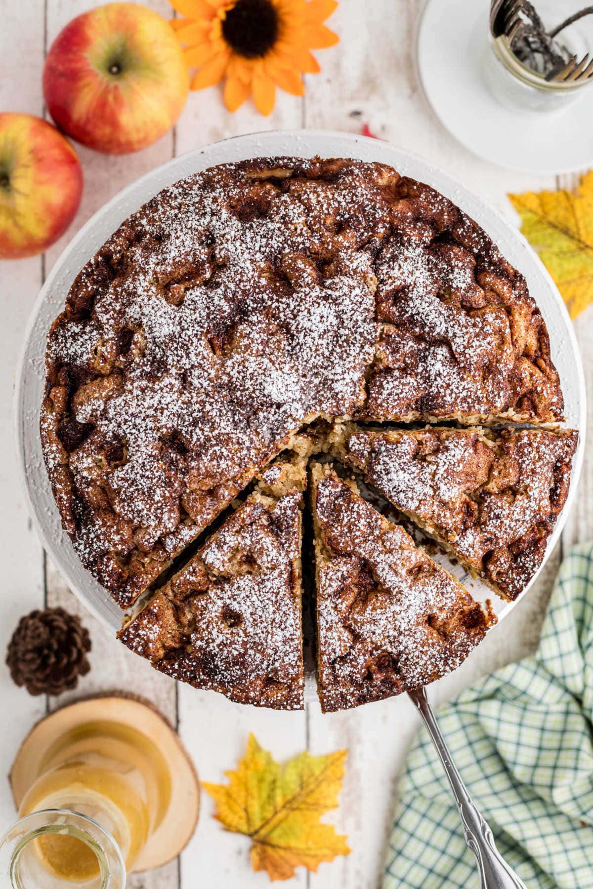 Overhead view of Irish apple cake with slices cut.