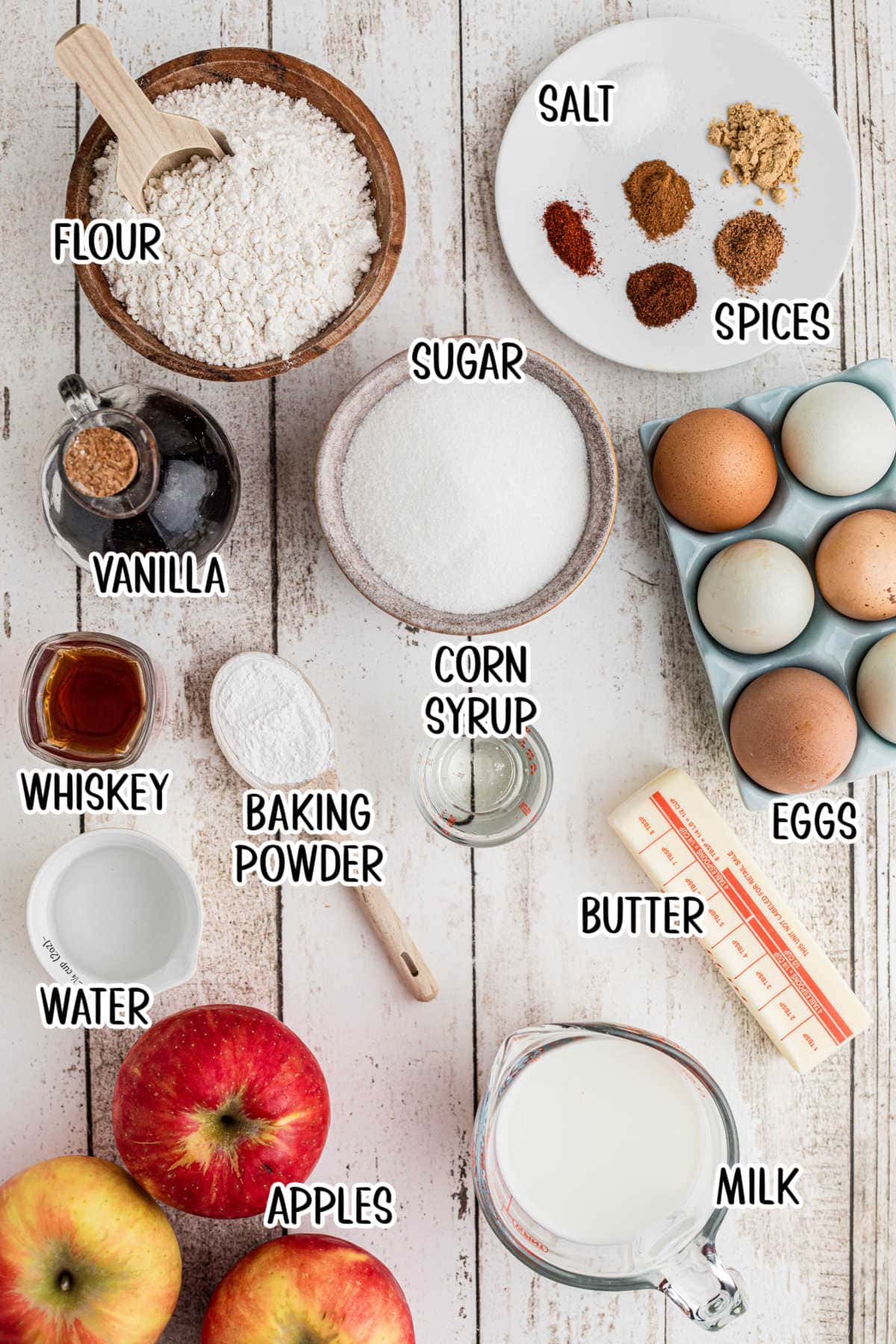 Labeled ingredients for Irish apple cake.