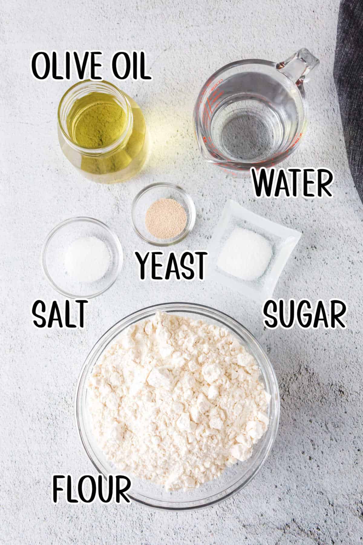 Labeled ingredients for focaccia.