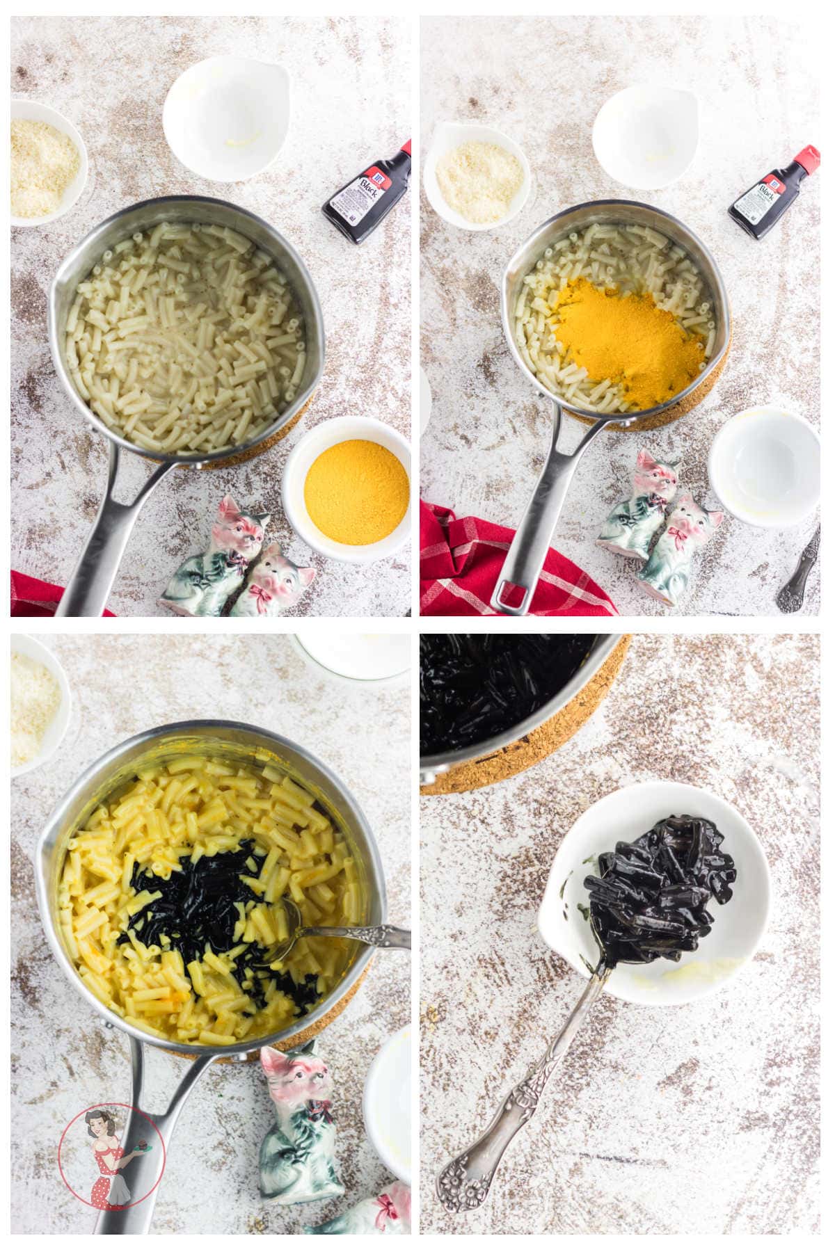 Step by step instructions for Halloween mac and cheese.