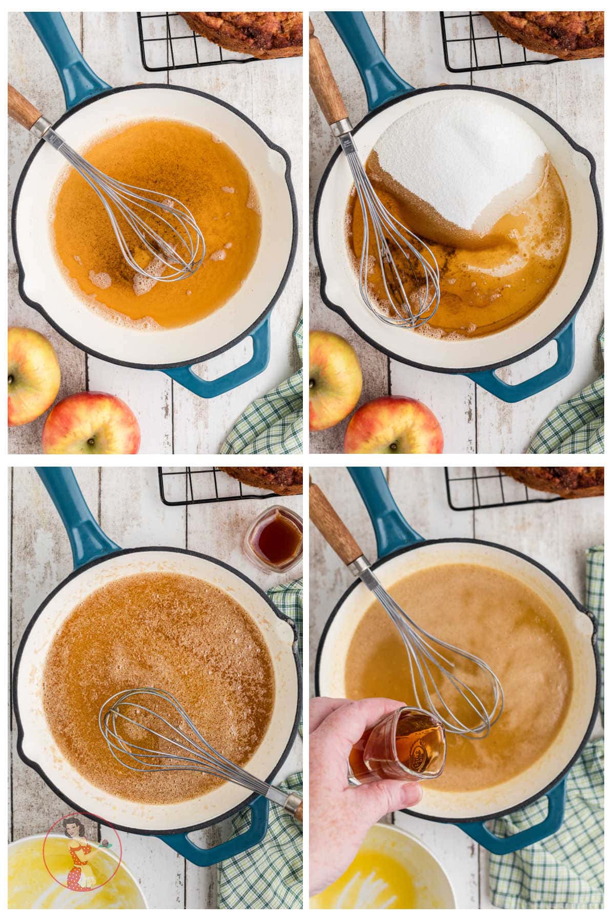 Step by step images showing how to make whiskey sauce for Irish apple cake.