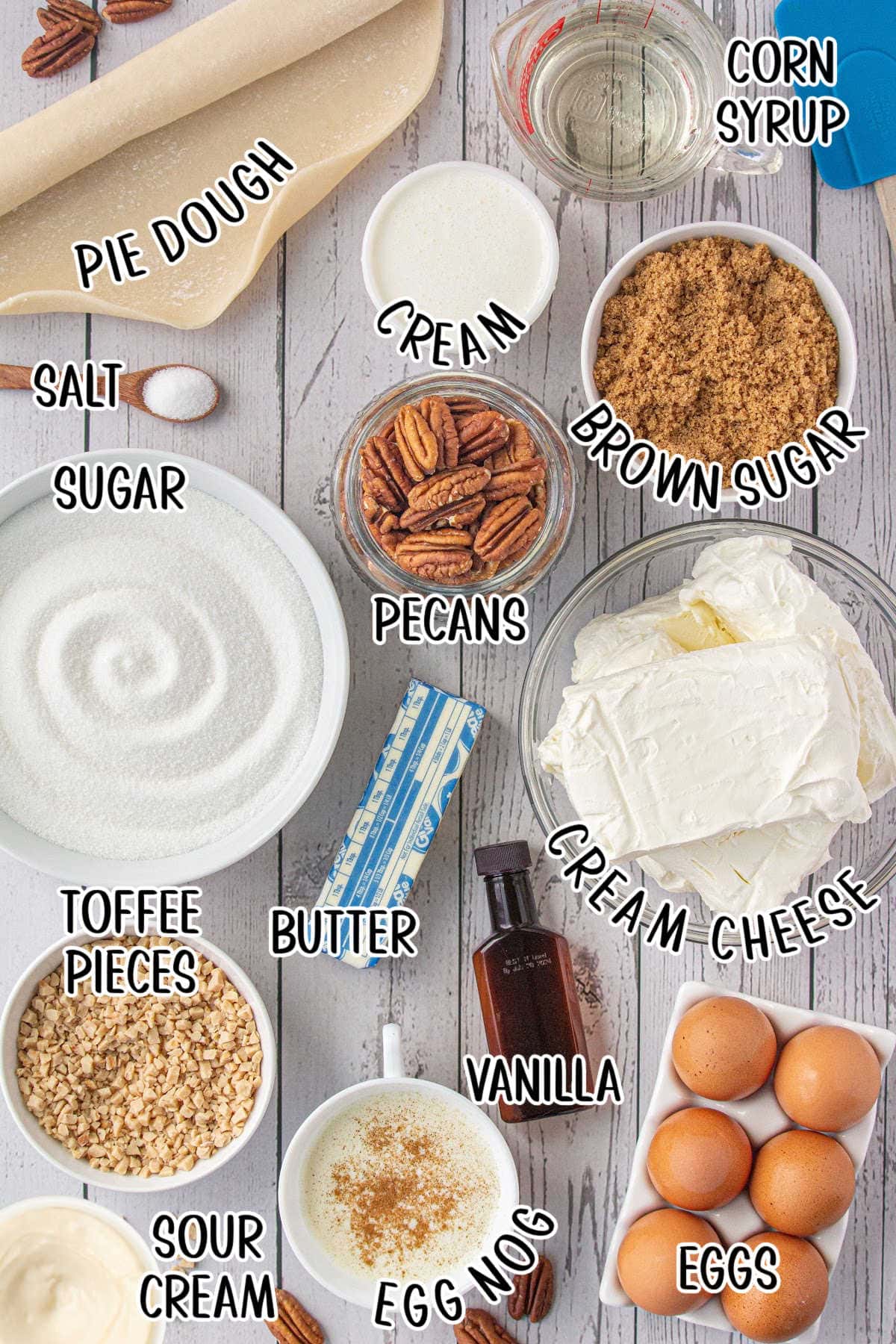 Labeled ingredients for pecan pie cheesecake.