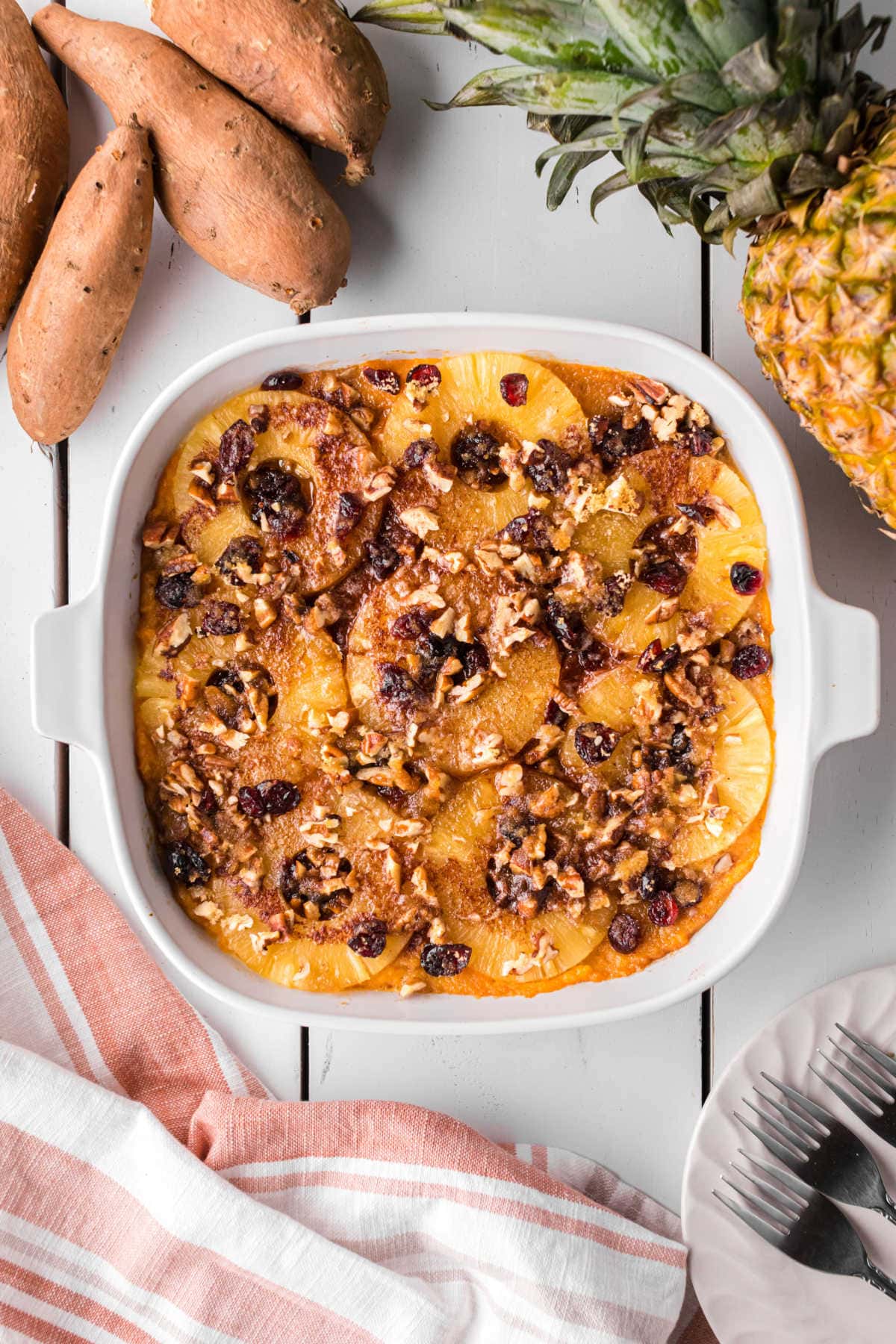 Overhead view of the finished sweet potato pineapple casserole.