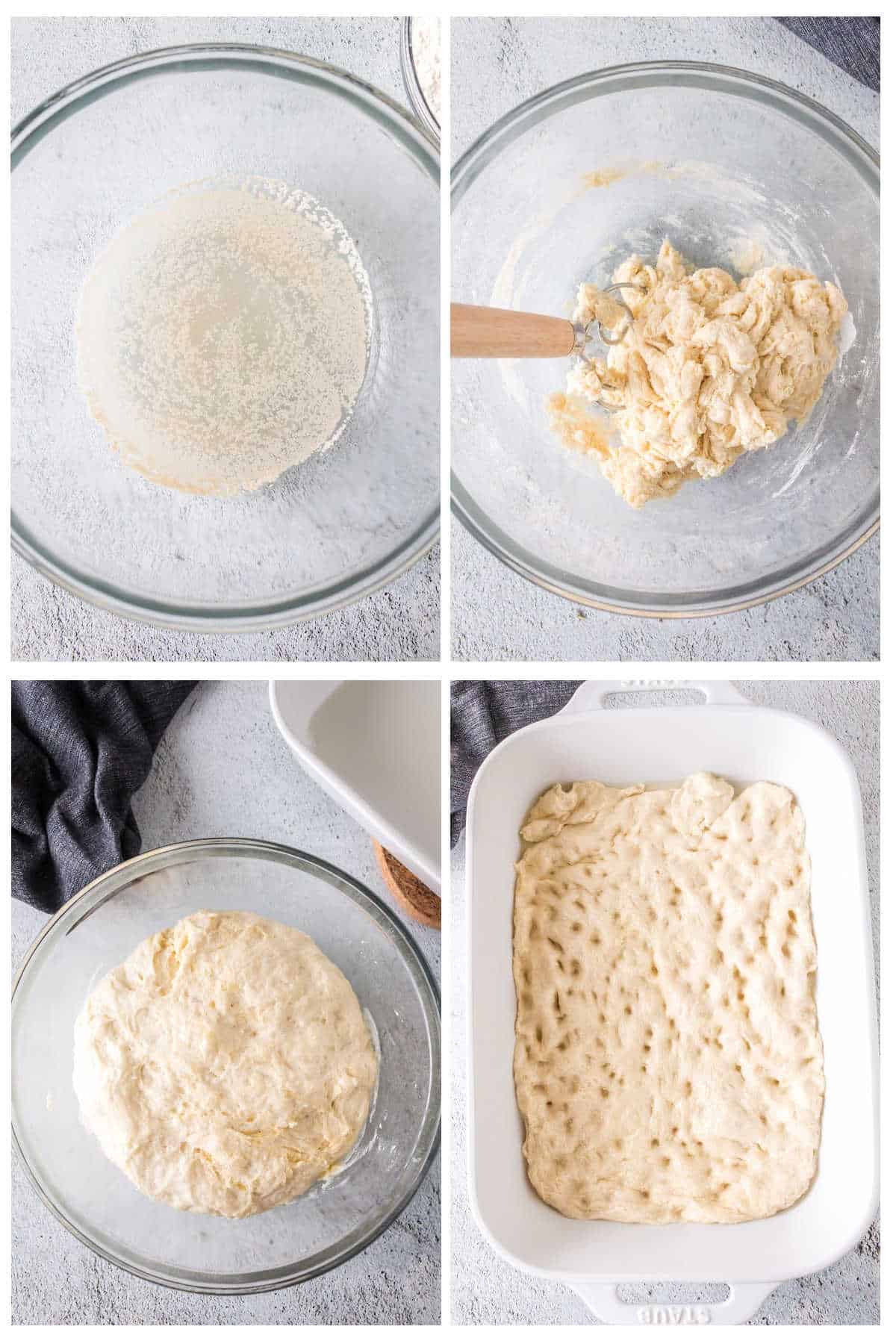 Step by step images showing how to make focaccia.