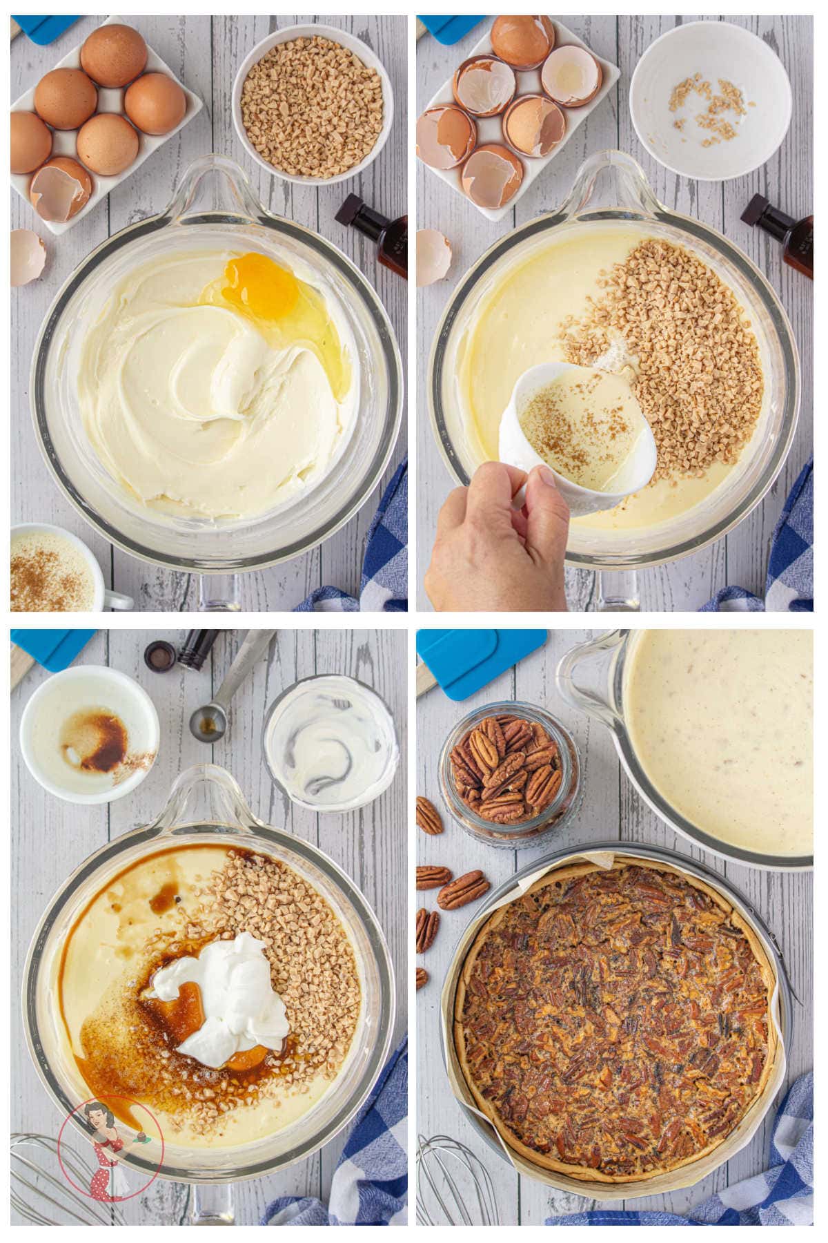 Step by step images showing how to make the cheesecake layer of this recipe.
