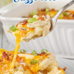 A serving of casserole on a plate with a title text overlay for Pinterest.