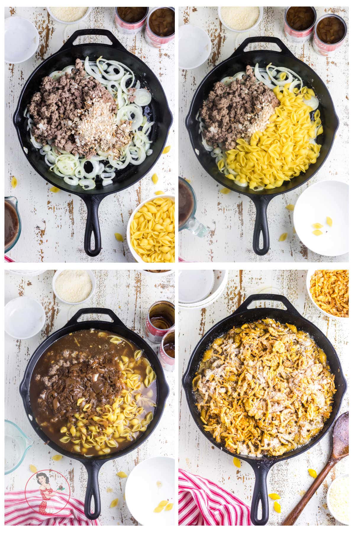 Step by step images showing how to make French Onion Hamburger Casserole.