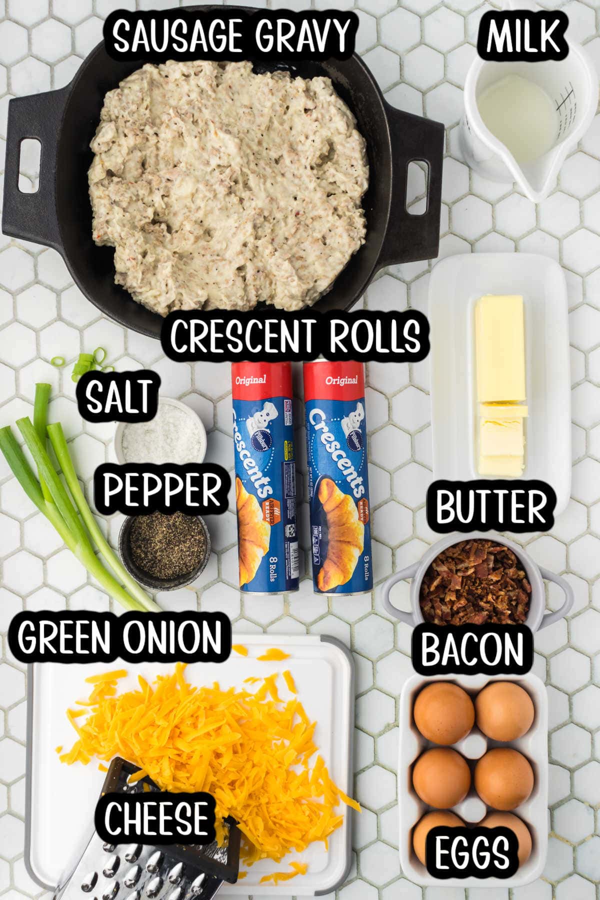 Labeled ingredients for sausage gravy pizza.