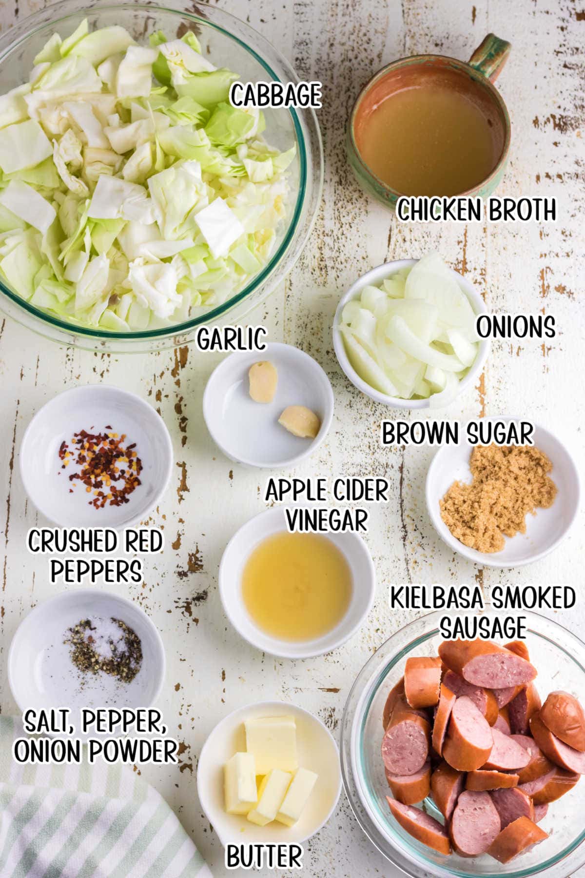 Labeled ingredients for kielbasa and cabbage.