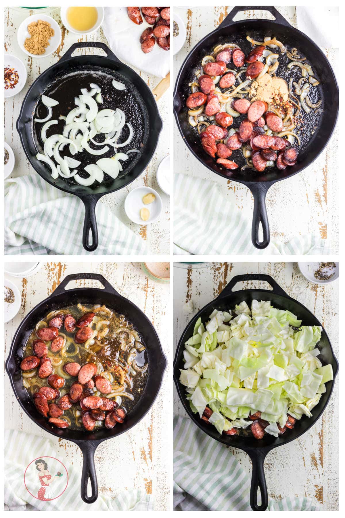 Step by step images showing how to make kielbasa and cabbage.