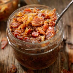Onion bacon jam in a canning jar.