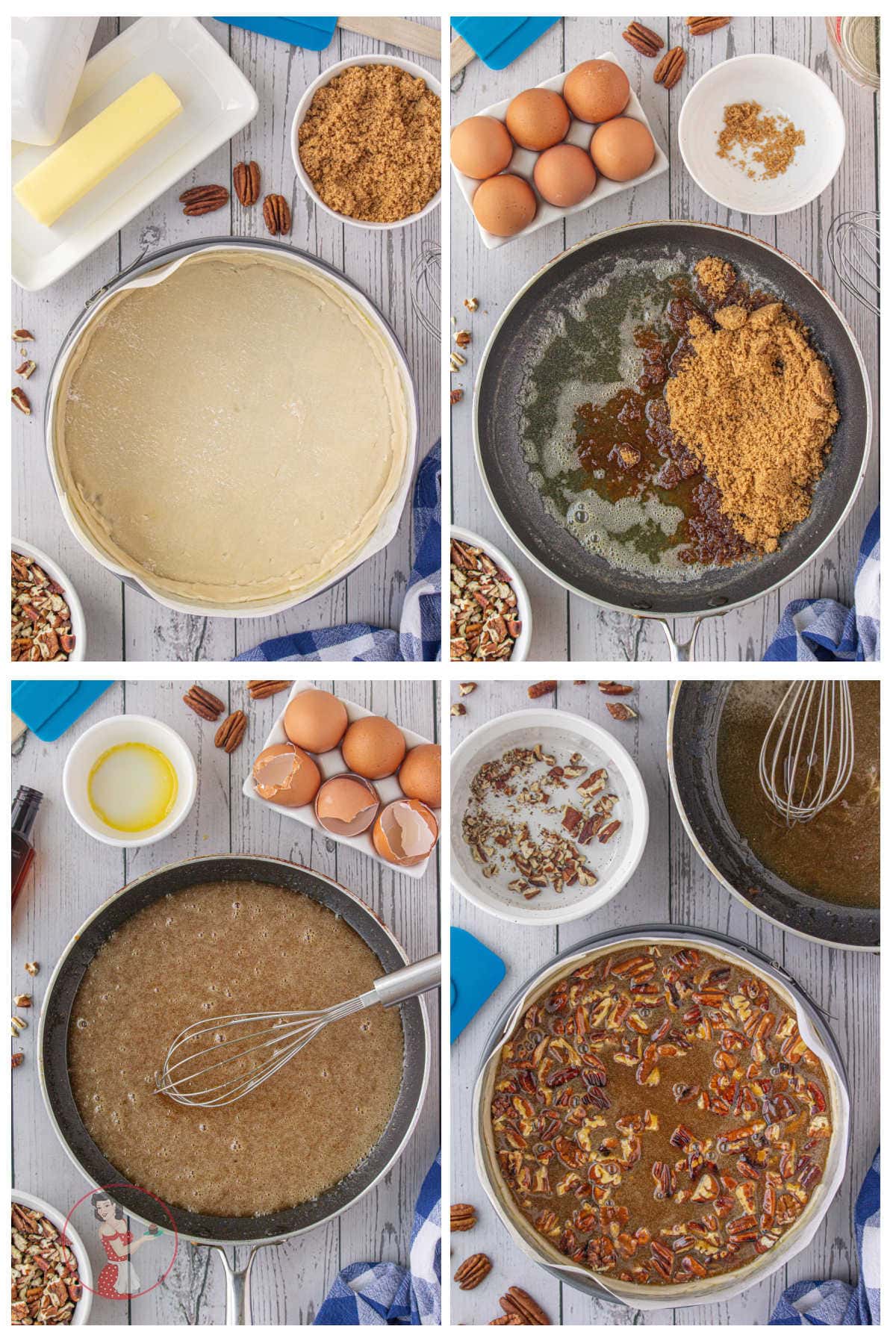 Step by step images showing how to make the pecan pie layer of the cheesecake.