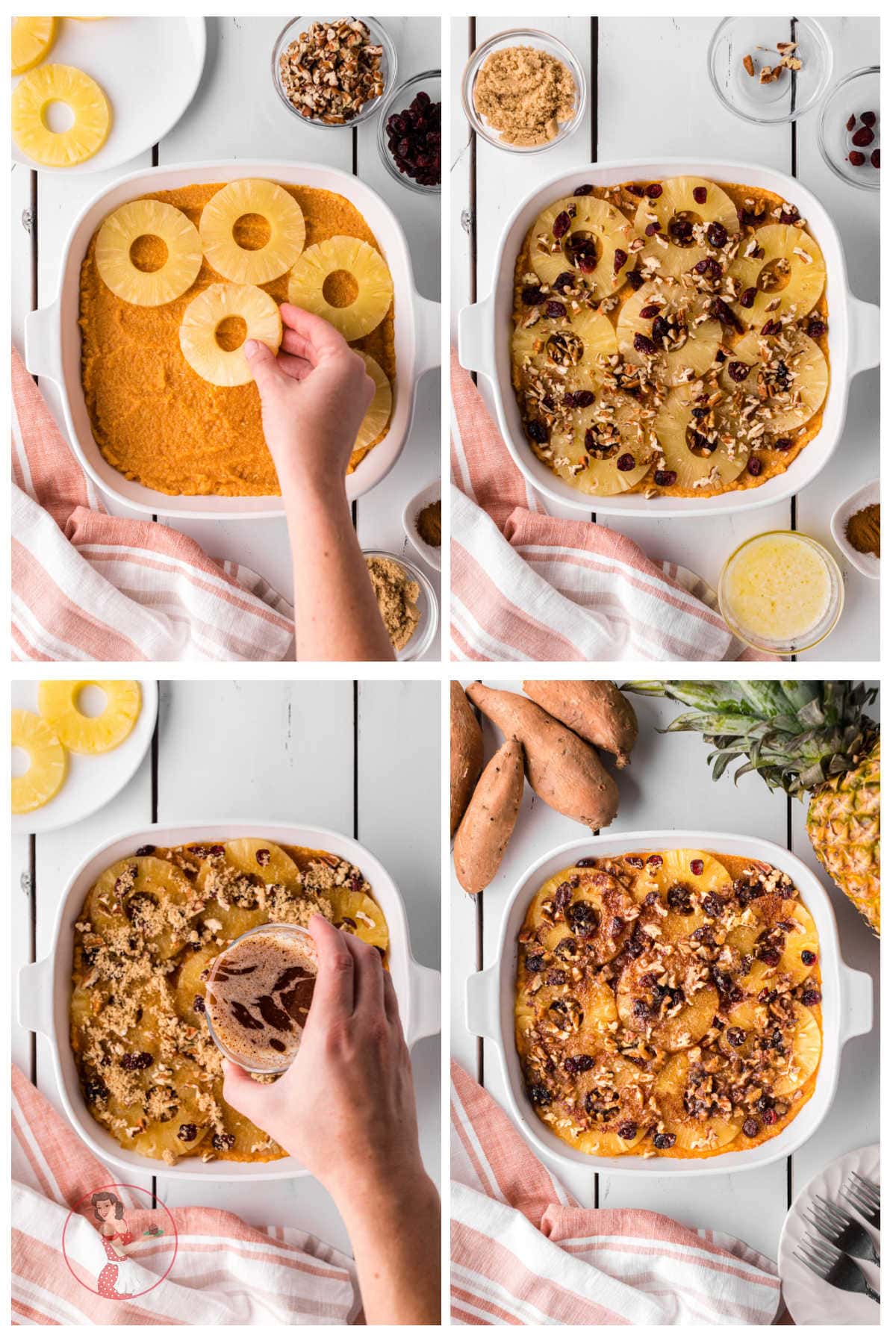 Step by step images showing how to make pineapple sweet potato casserole.