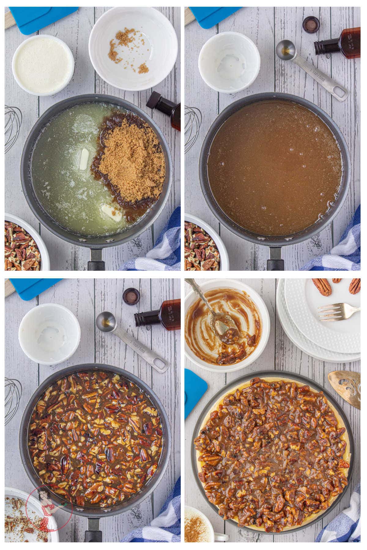 Step by step images showing how to make the gooey praline topping for the cheesecake.