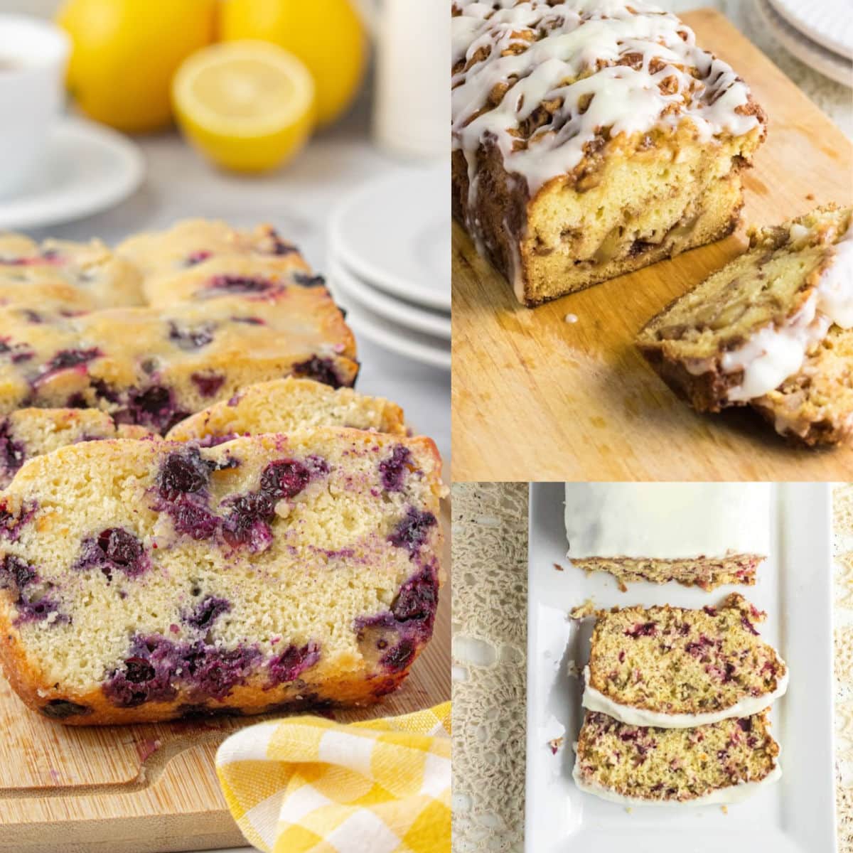 A collage of finished quick bread images.