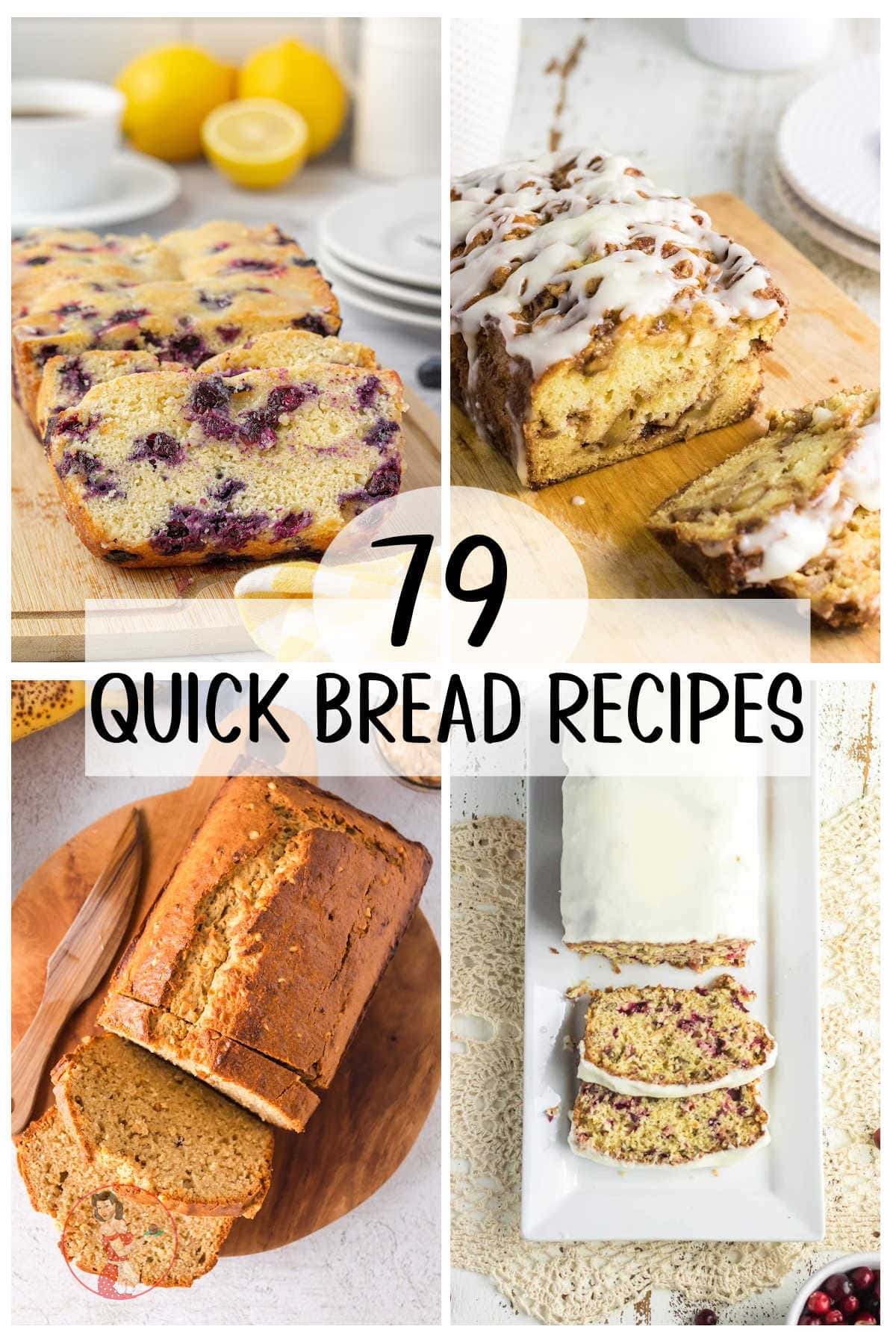 A collage of 4 images of quick breads with title text in the center.
