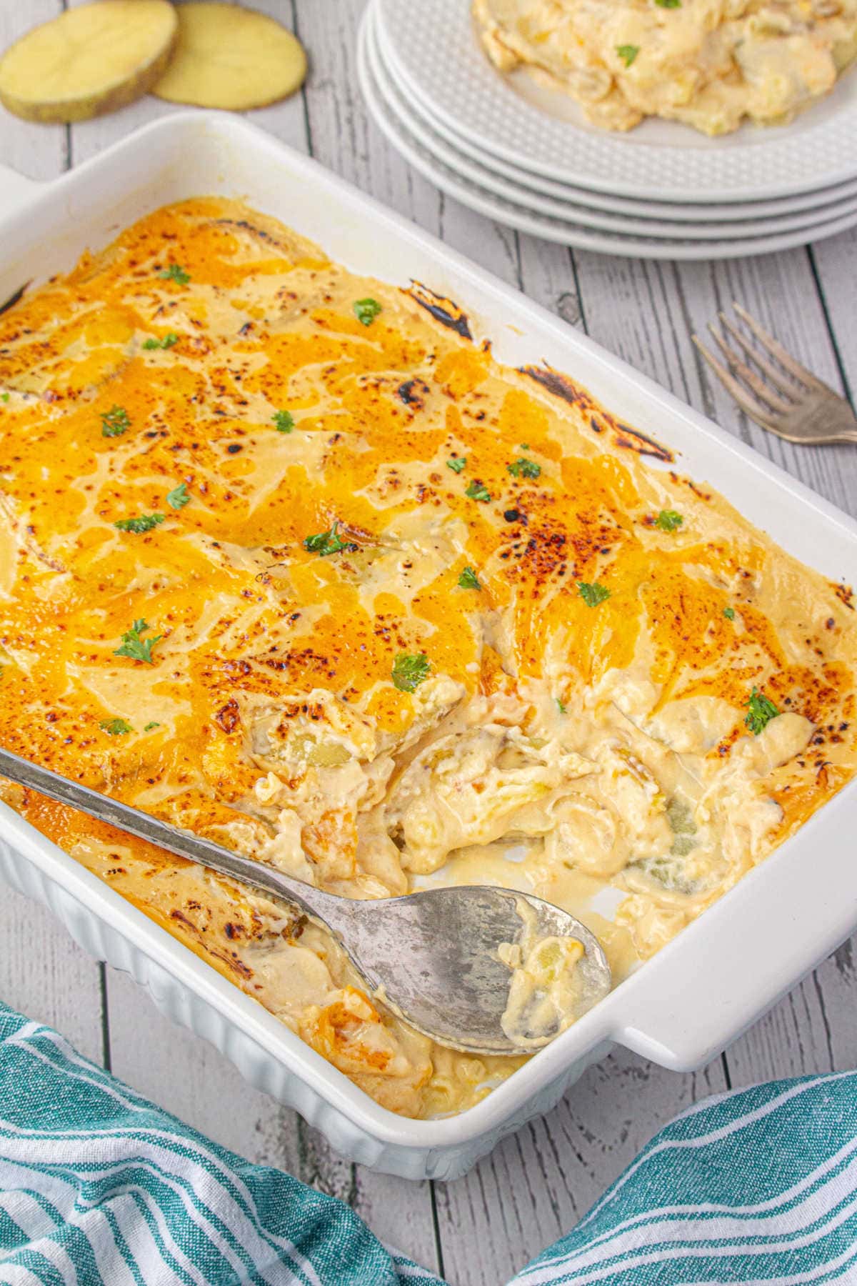 A white casserole dish full of creamy au gratin potatoes.