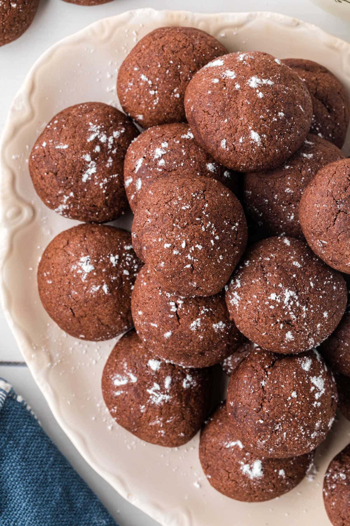 Overhead view of a finished plate of chocolate butter cookies.