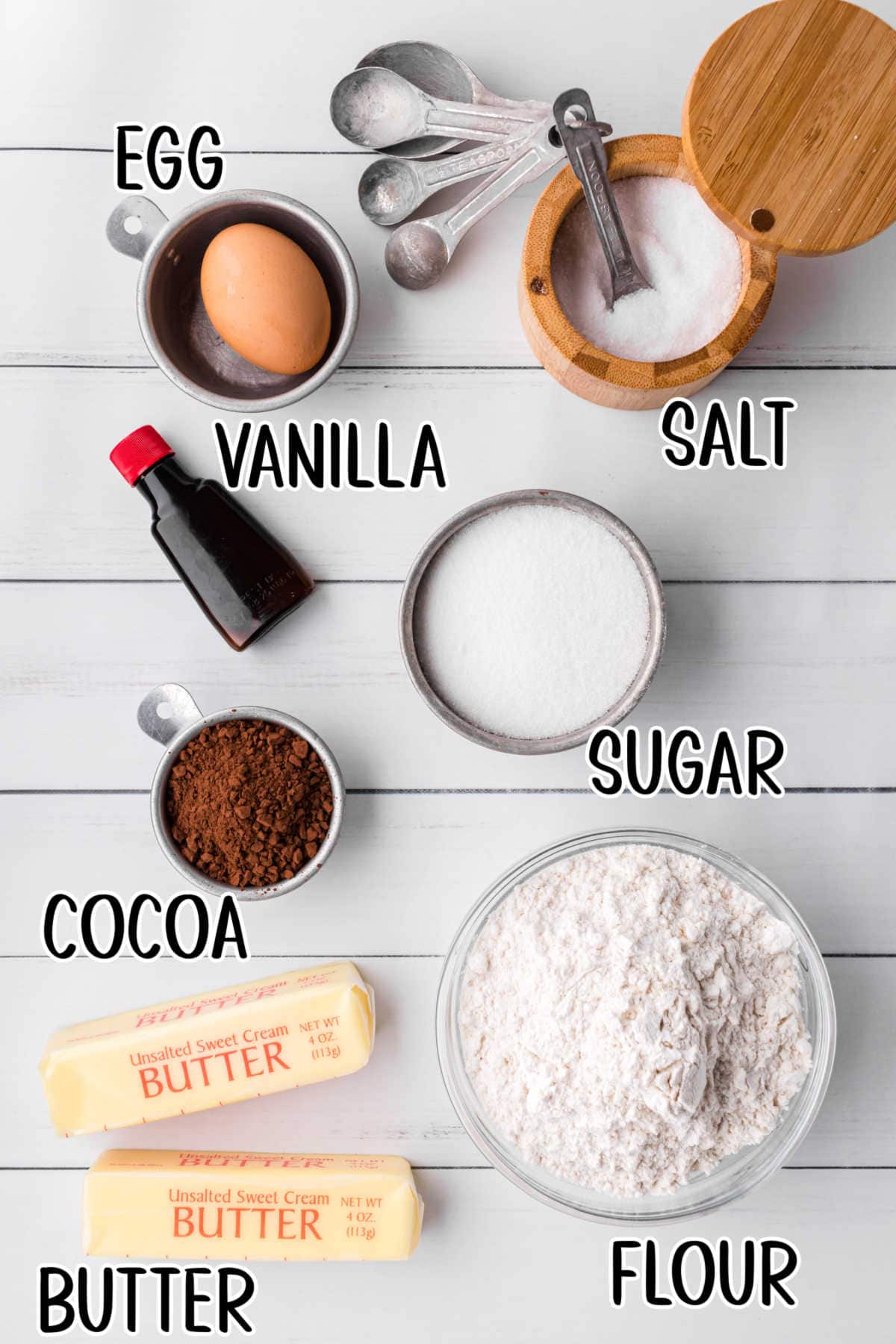 Labeled ingredients for chocolate butter cookies.