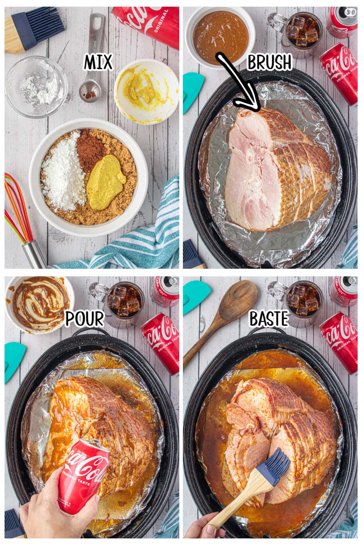 Four overhead photos depicting the main steps: mixing the glaze together, brushing it onto the ham, pouring the cola over the ham, and basting the ham.