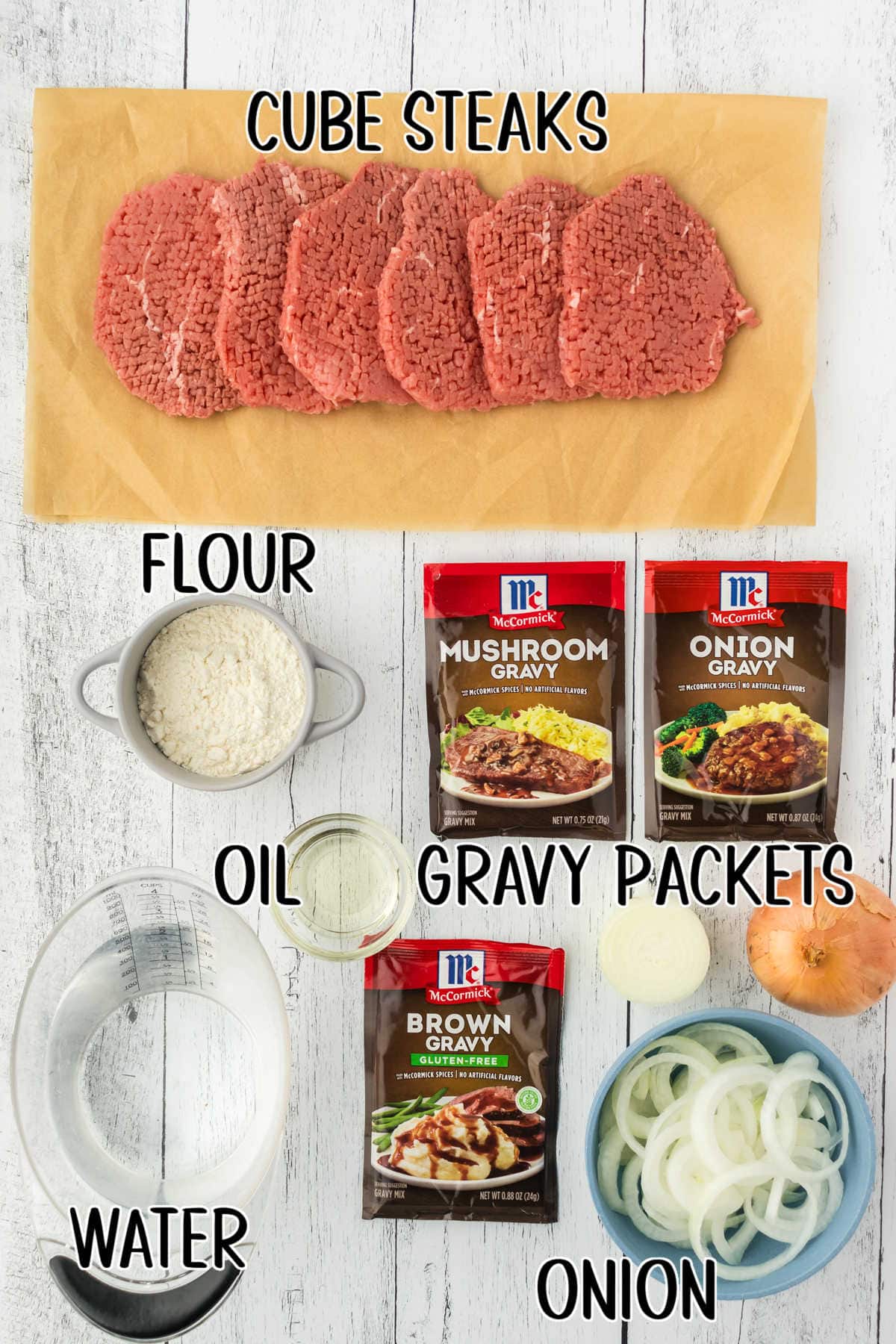 Labeled ingredients for cube steaks and gravy.