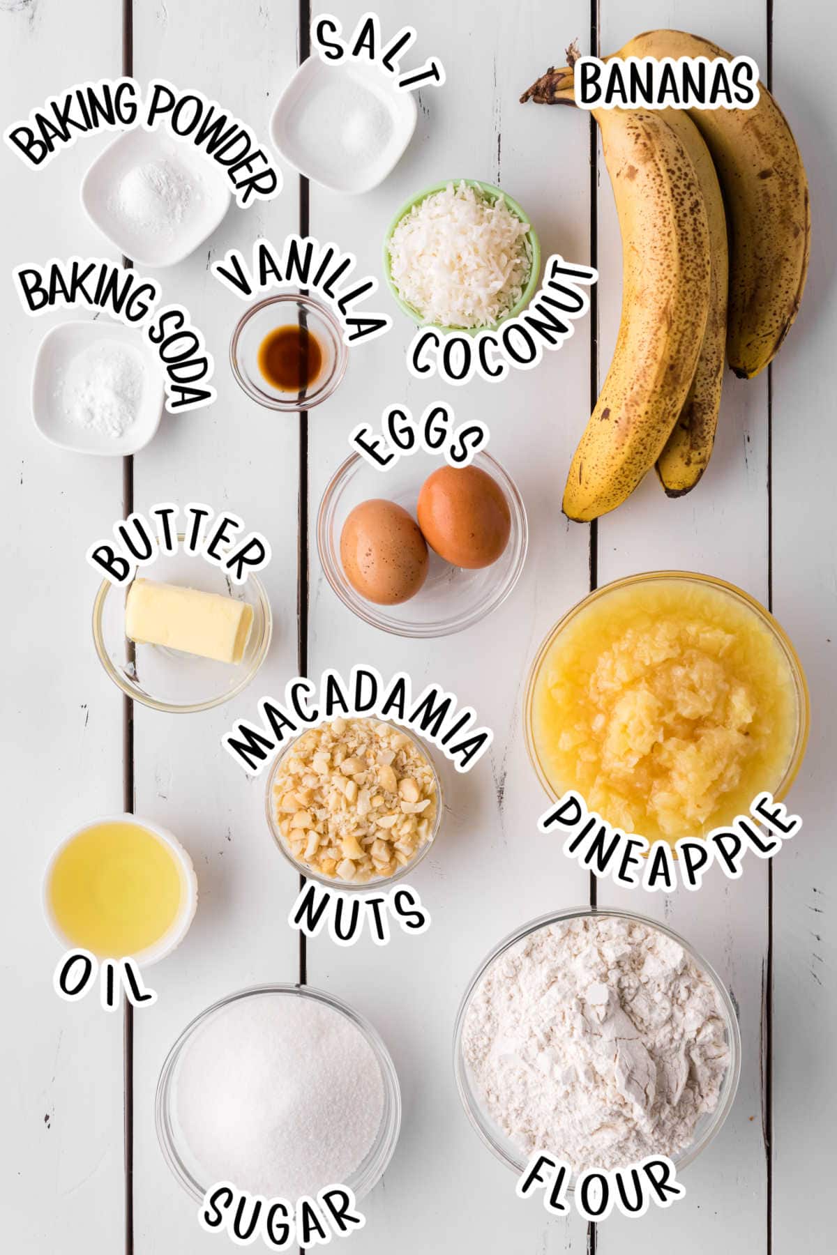 Labeled ingredients for Hawaiian banana bread.