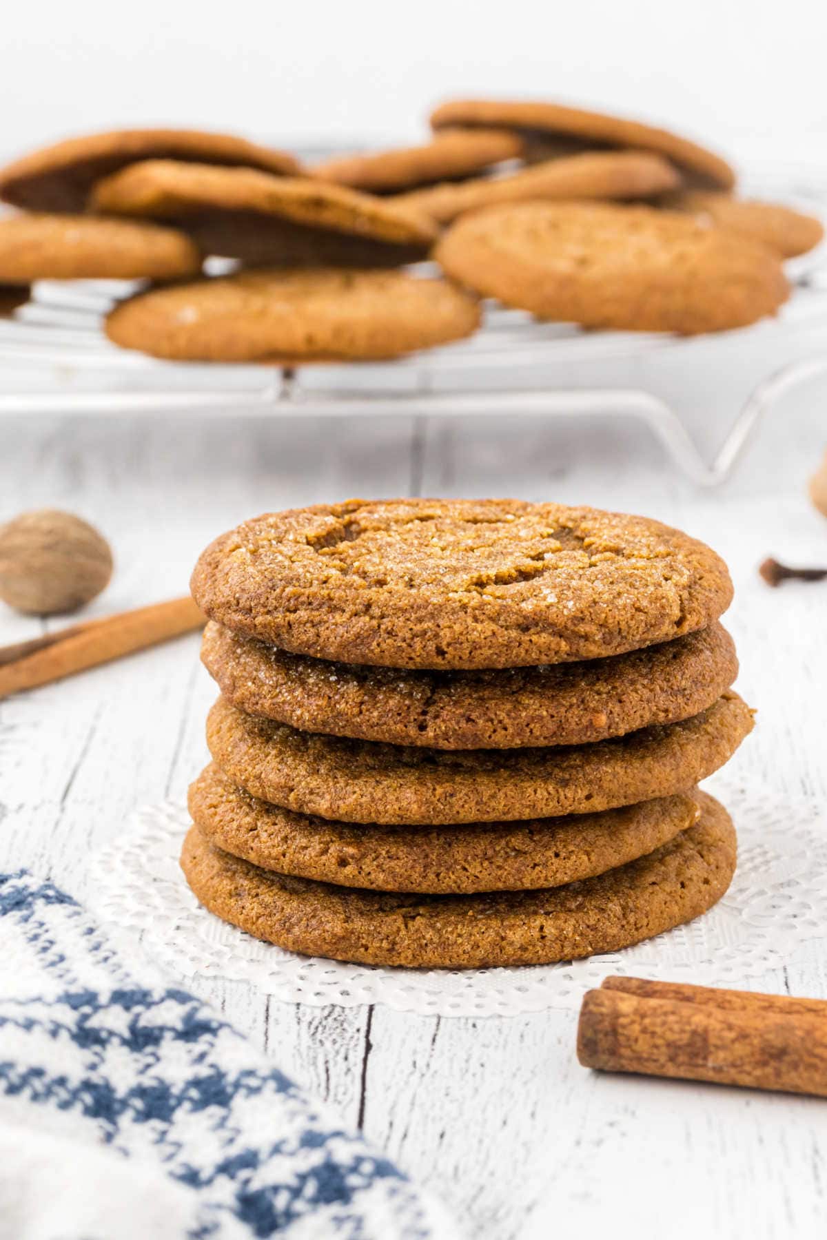 A stack of cookies on a table.