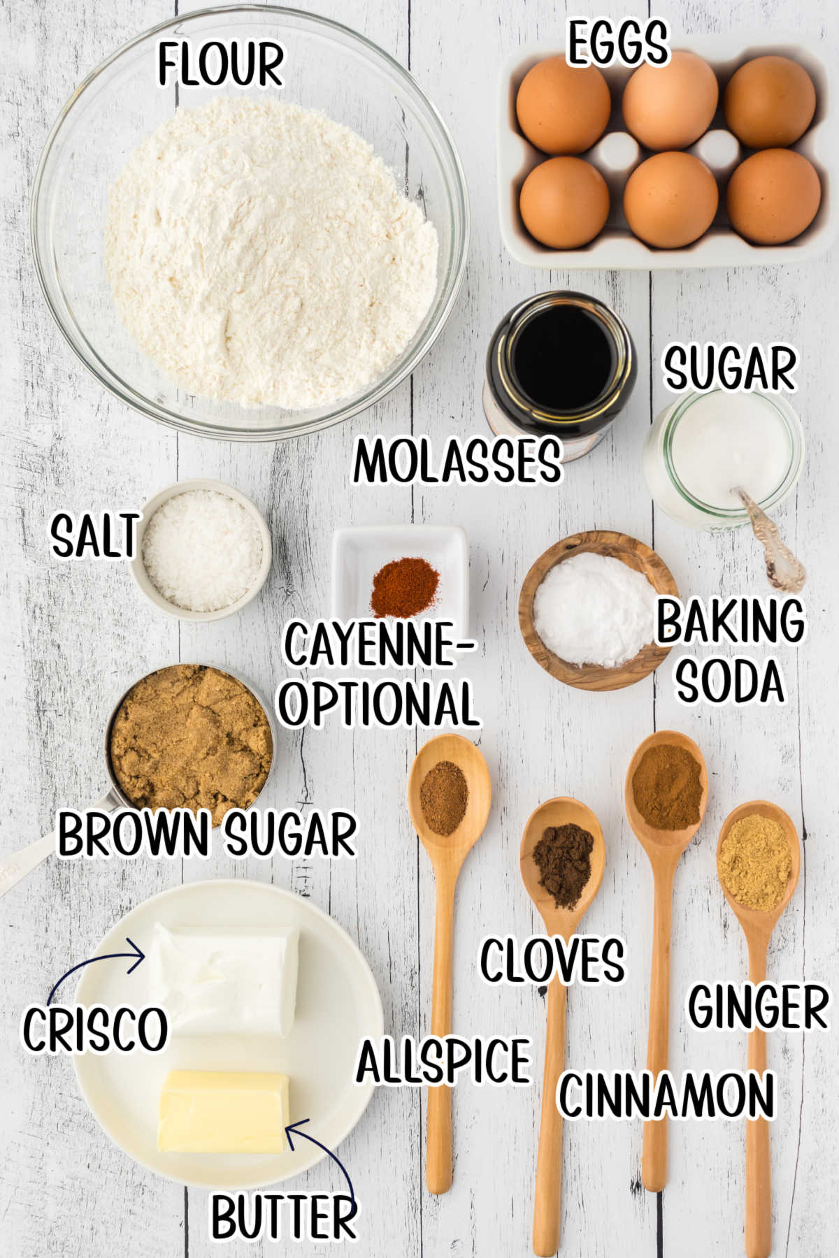 Labeled ingredients on a countertop.