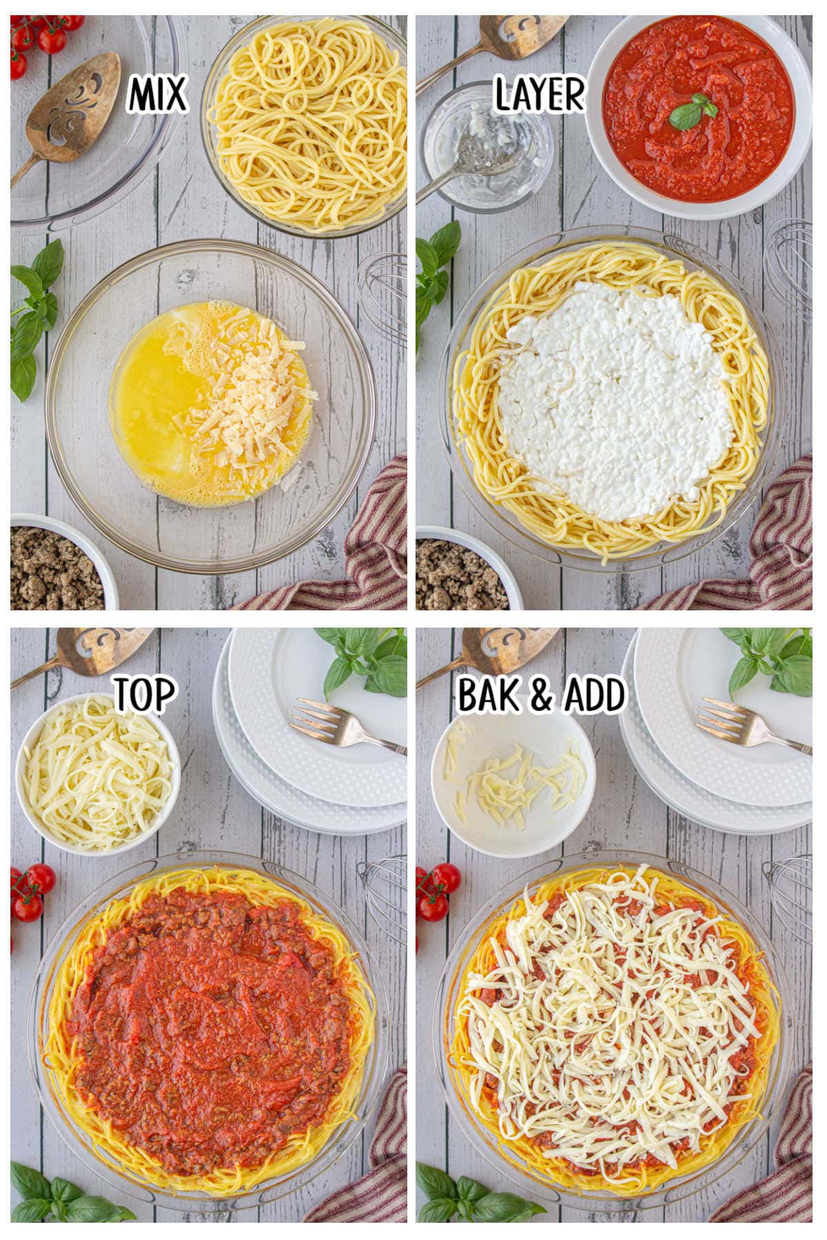 Step by step image showing how to make spaghetti pie.