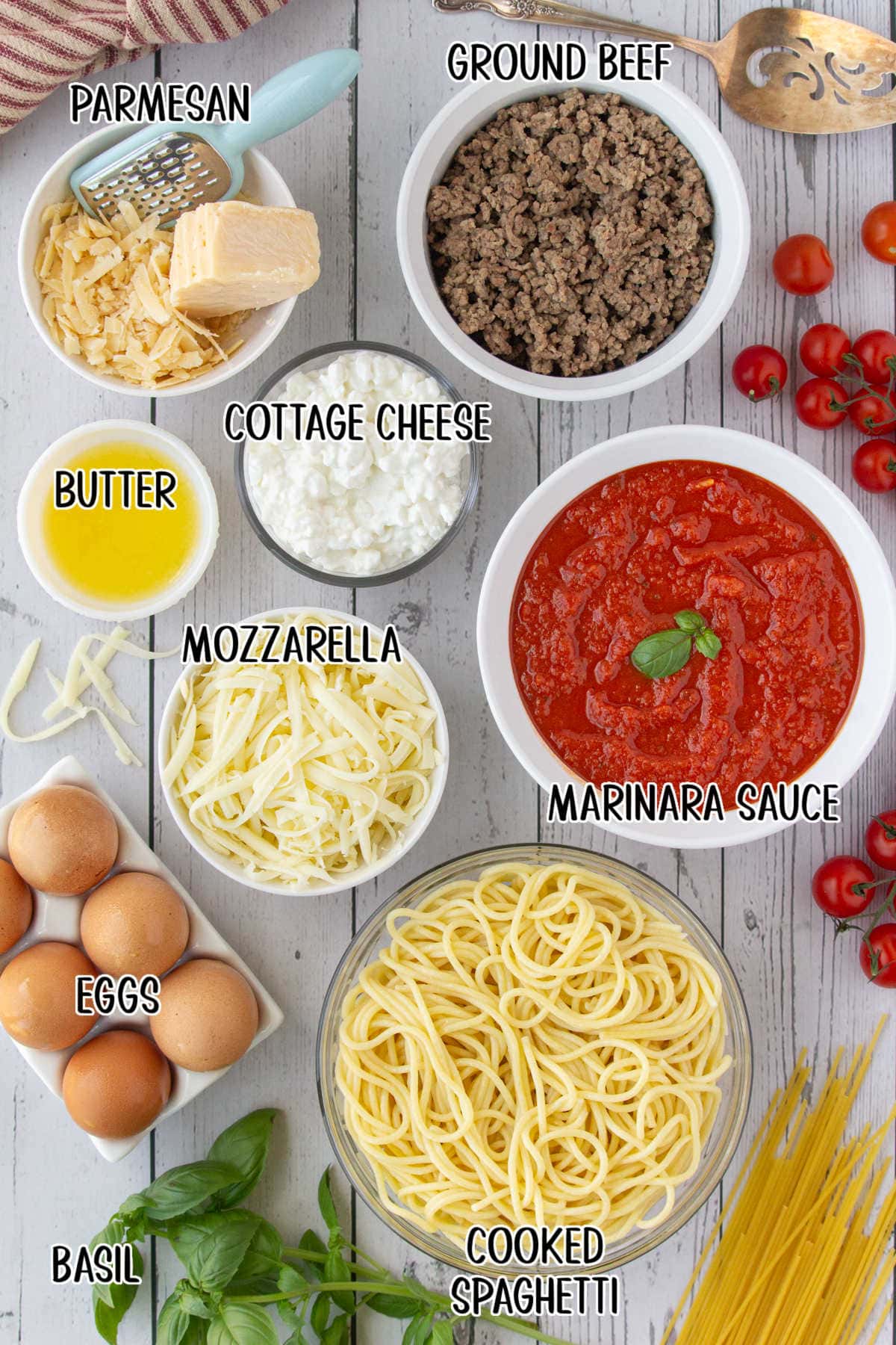 Labeled ingredients for this spaghetti pie recipe.